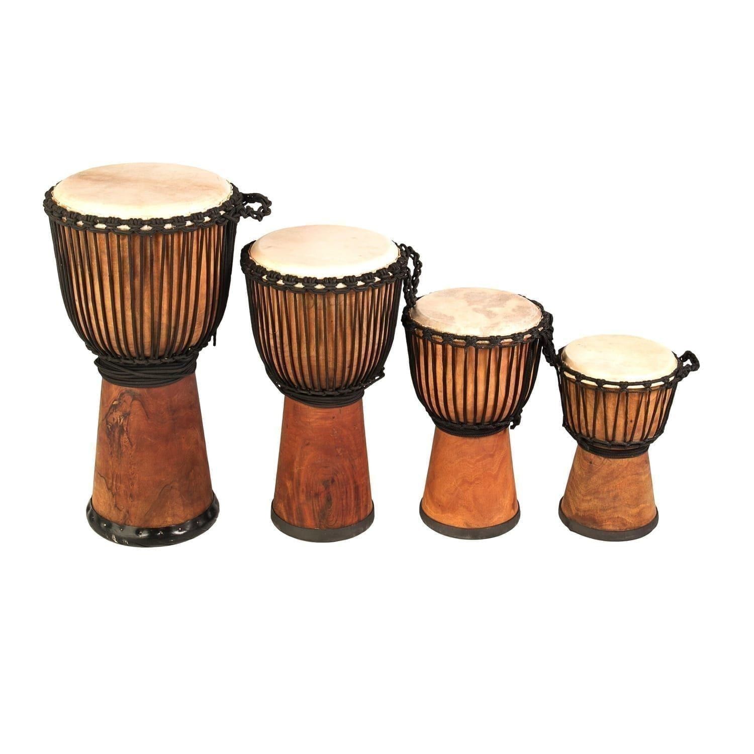 Set of four Djembe drums with wide tops, handcrafted from natural wood, including a drum with an 11-inch diameter and 50cm height, showcasing traditional West African design and rope tuning.
