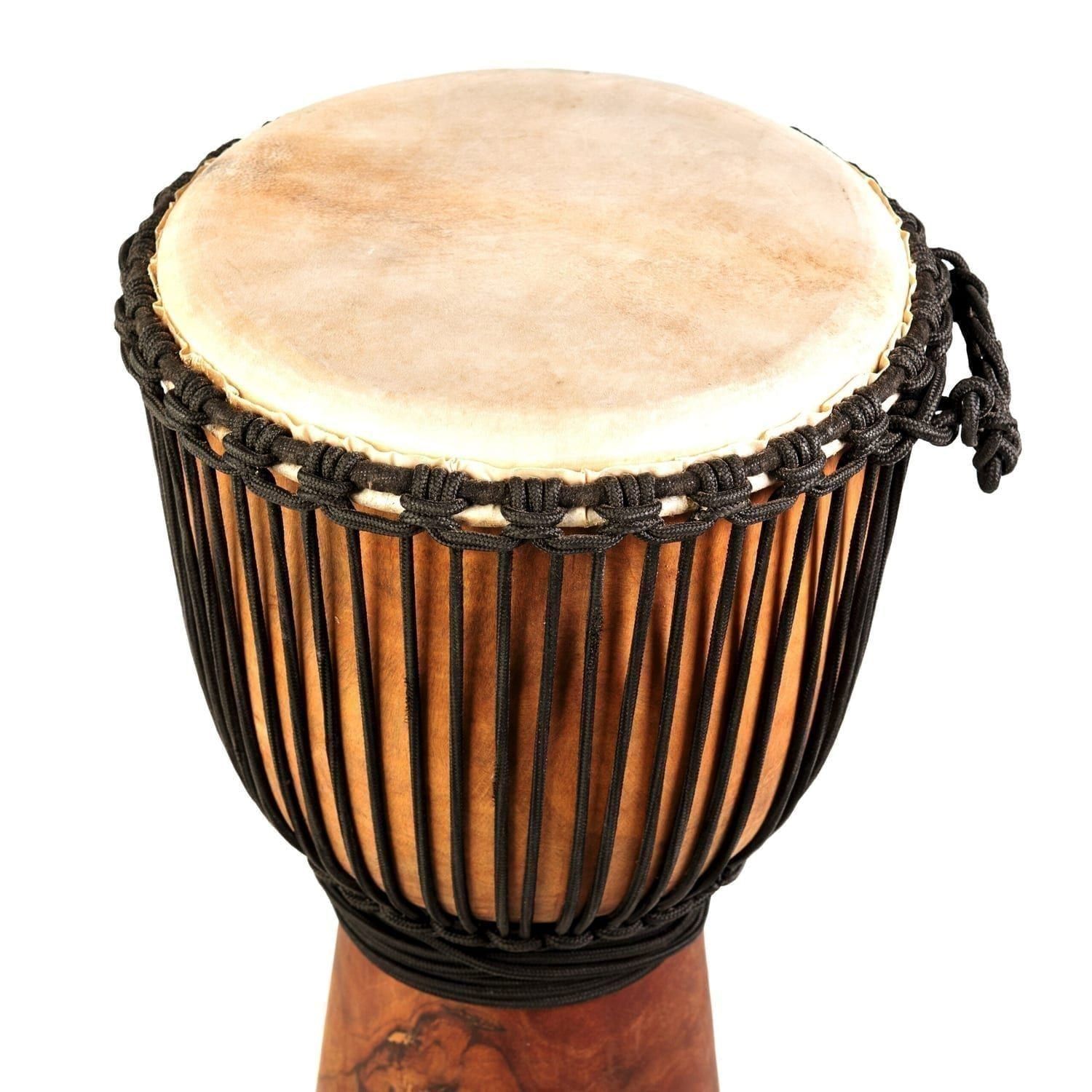 Handcrafted djembe drum with a goatskin head, available for purchase - Natural Wide Top 8 inch diameter, 30cm high.