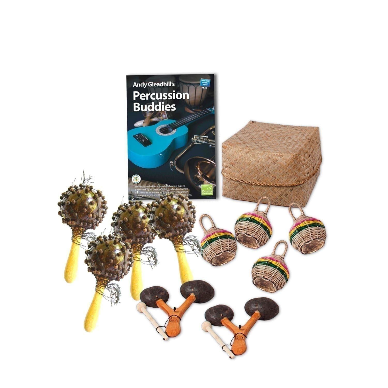 This is a product image of the African Drumming - Percussion Buddies - 10 Pack. The products included in the pack are laid out and include the following; Back Row - Andy Gleadhill's Percussion Buddies Book, Storage Basket. Middle row - Four Seseh - Coconut Shakers, four Caxixi Basket Shakers. Front row - Two Agogo - natural.