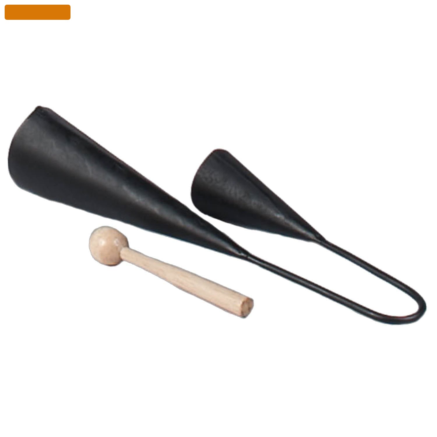 This is a product image of the Agogo Bells - Medium. They are made of one section of matt black metal folded back around so that the two bells are near to each other. One is larger than the other to create two different pitches. This shot has been taken from the side and slightly above and faces up and to the left. The beater lying next to it.