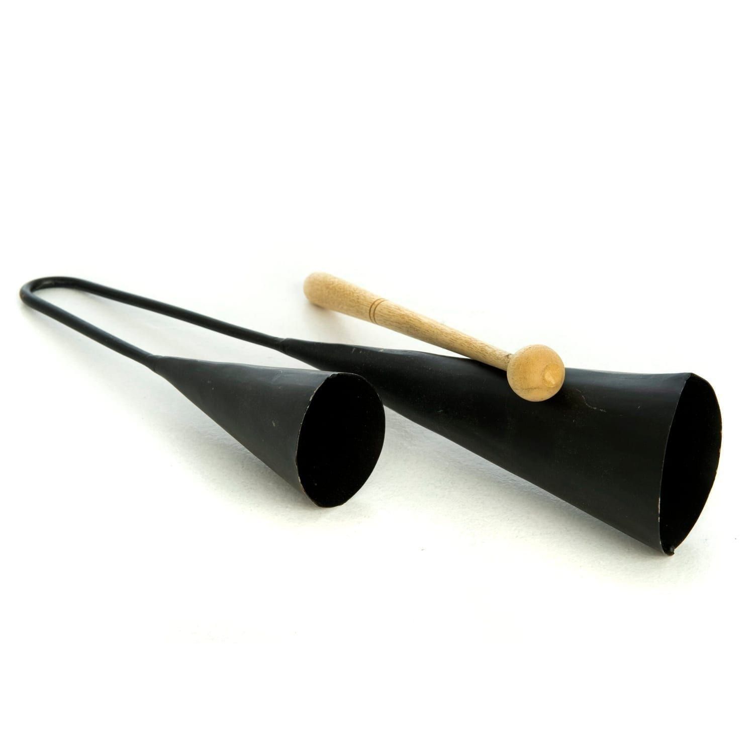 Agogo Bells - Medium with beater from different angle. They are made of one section of matt black metal folded back around so that the two bells are near to each other. One is larger than the other to create two different pitches. This shot has been taken from the side and slightly above and faces up and to the left. The beater lying next to it.