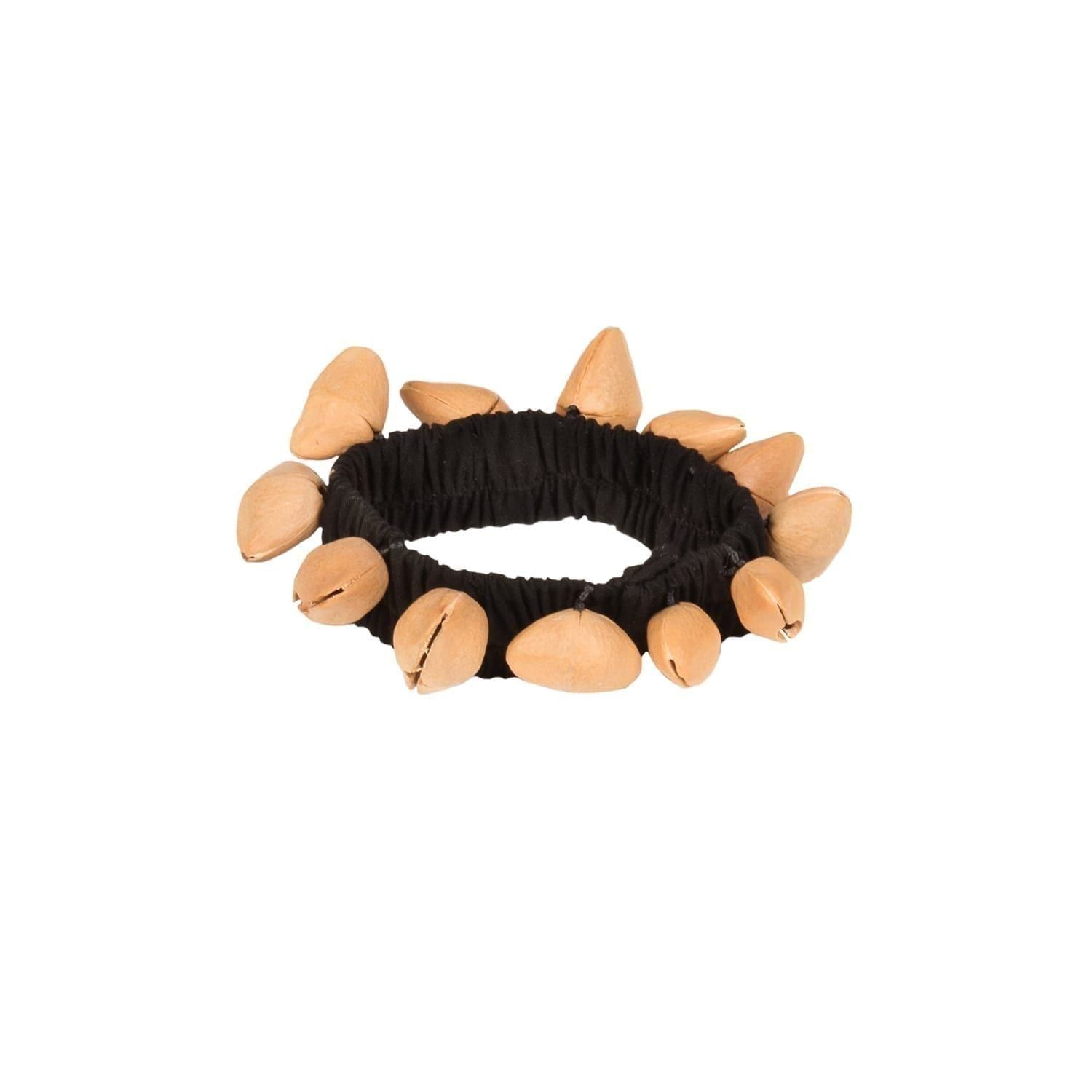 Ankle Shaker - Kenari. It has a black elastic strap with light brown Kenari shells attached all the way around.