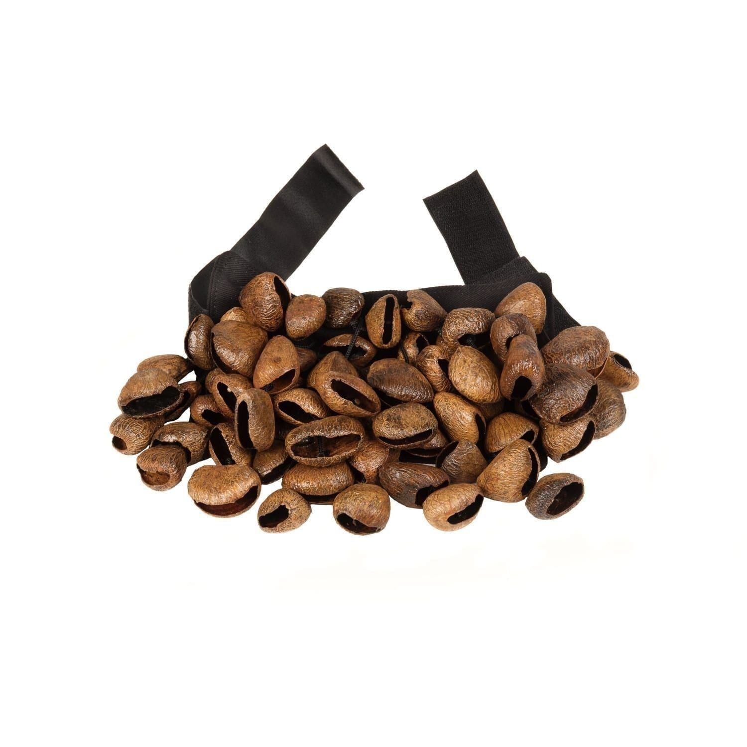 This is a product image of the Belt Shaker - Pangi. The belt is black and undone at the back. Across the front are many Pangi attached to the belt which make the shaker noise when moved.