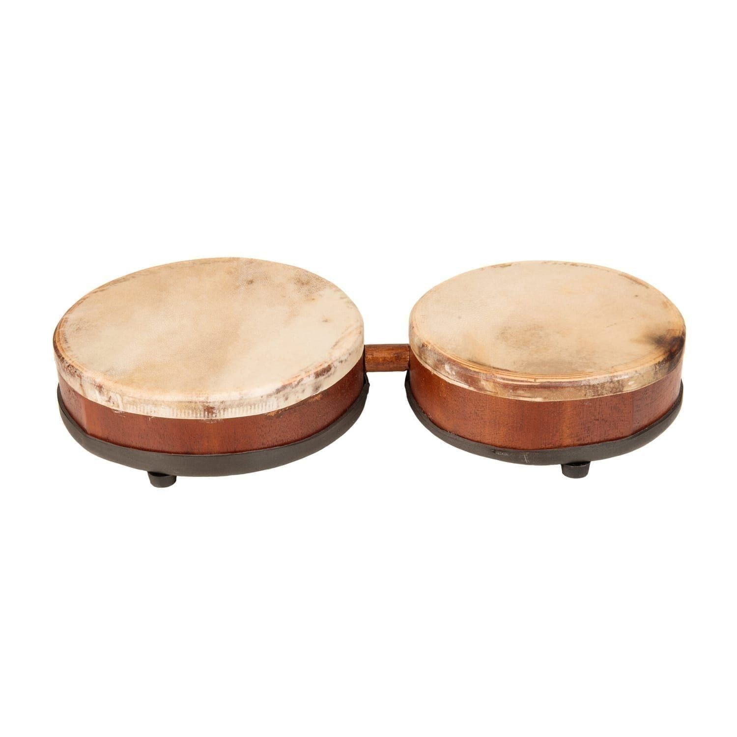 African Bongo Drums with wood shells and goatskin heads, two linked drums on low-profile bases