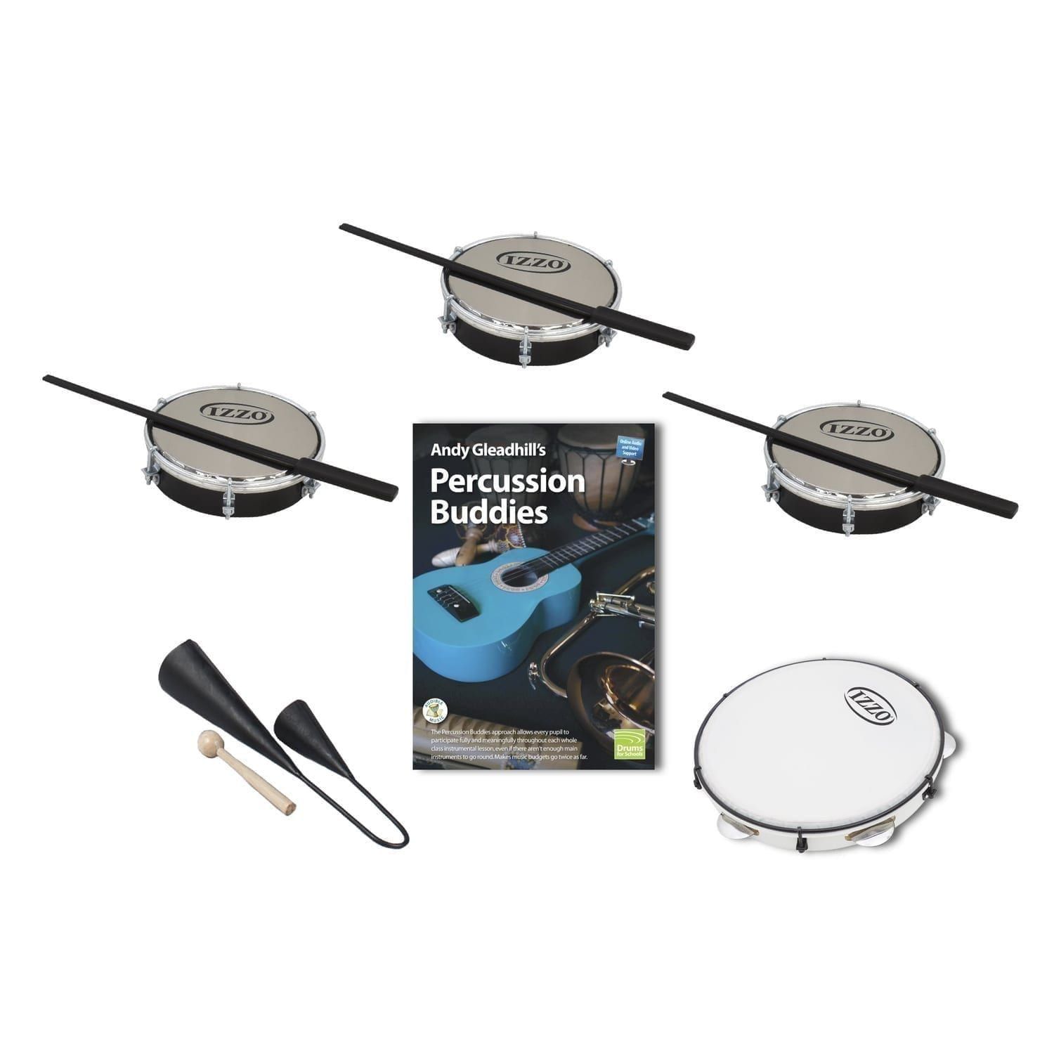 This is a product image of the Brazilian Samba - Percussion Buddies - 5 Pack. The products in the pack are laid out and include the following; Back Row  -  Three Tamborim - 6in diameter, Izzo, with beaters lying on them. Bottom Rows - One Agogo Bells - Medium, Andy Gleadhill's Percussion Buddies Book, one Pandeiro - 10in diameter, Izzo.