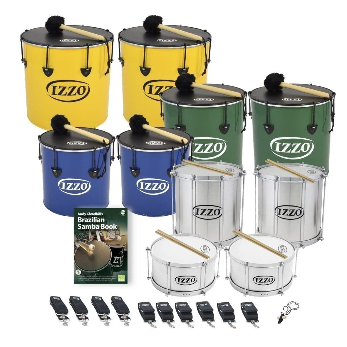 This is a product image of the Brazilian Samba - Primary - 10 Big Drums Pack. The products are laid out and include the following; Back Row - Two Nesting Surdo - 16in diameter, aluminium, Izzo (Yellow). Second Row - Two Nesting Surdo - 14in diameter, aluminium, Izzo (Green). Third Row - Two Nesting Surdo - 12in diameter, aluminium, Izzo (Blue). Fourth Row - Two Repinique - 12in diameter, aluminium, Izzo (Silver). Fifth Row - Andy Gleadhill's Brazilian Samba Book, two Caixa - 12in diameter, aluminium, Izzo (Silver). Front Row - Four straps for the Repiniques and Caixas, Six straps for the Surdos and one Tritone Samba Whistle (Apito). All of the drums have a suitable beater or stick lying on top of their skin.