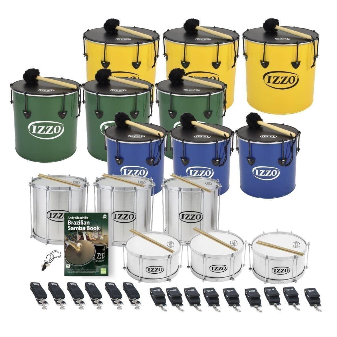 This is a product image of the Brazilian Samba - Primary - 15 Big Drums Packs. The products are laid out and include the following; Back Row - Three Nesting Surdo - 18in diameter, aluminium, Izzo (Yellow). Second Row - Three Nesting Surdo - 16in diameter, aluminium, Izzo (Green). Third Row - Three Nesting Surdo - 14in diameter, aluminium, Izzo (Blue). Fourth Row - Three Repinique - 12in diameter, aluminium, Izzo (Silver). Fifth Row - One Tritone Samba Whistle (Apito), Andy Gleadhill's Brazilian Samba Book, three Caixa - 12in diameter, aluminium, Izzo (Silver). Bottom Row - Six straps for the Repiniques and Caixas, nine straps for the Surdos.  All of the drums have a suitable beater or stick lying on top of their skin.