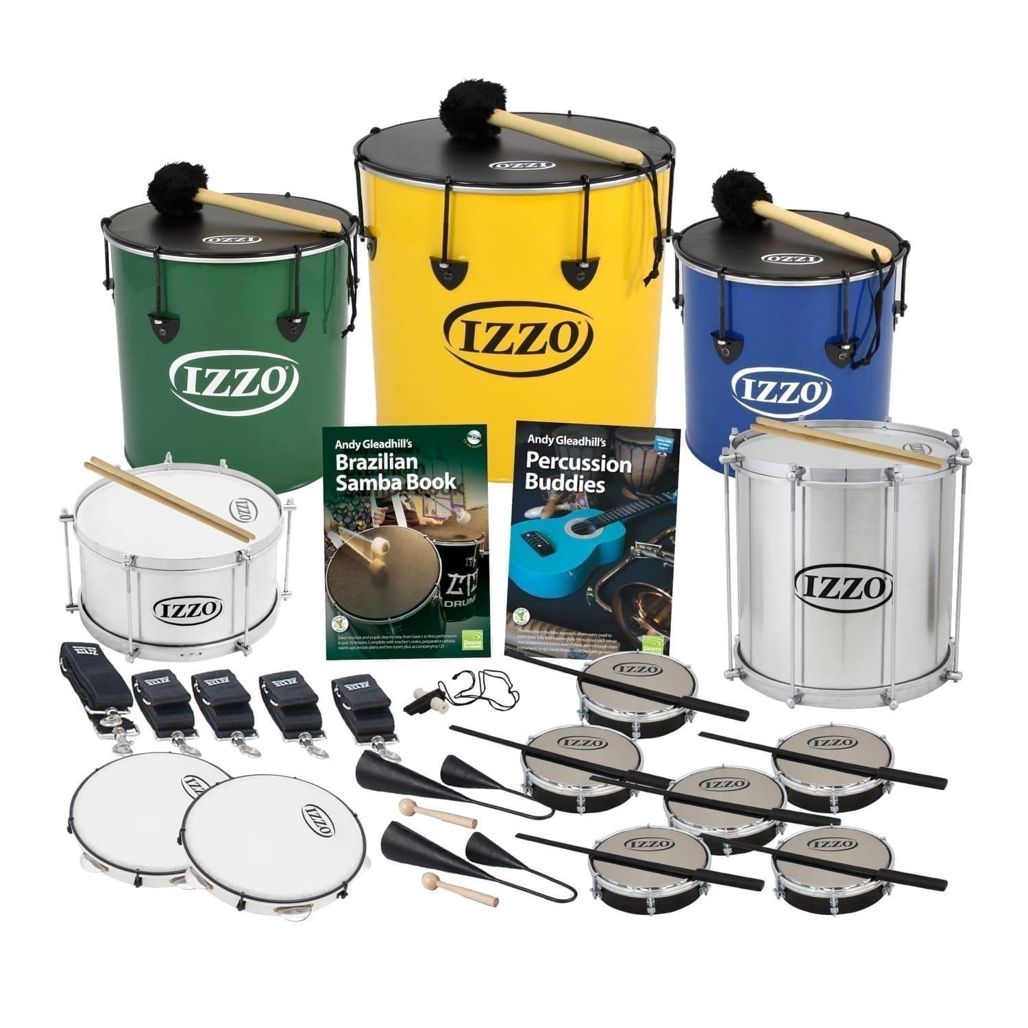 This is a product image of the Brazilian Samba - Primary - 15 Player Class Pack - Budget Buddies. The products are laid out and include the following; Back Row - One Nesting Surdo - 14in diameter, aluminium, Izzo (Green), one Nesting Surdo - 16in diameter, aluminium, Izzo (Yellow), one Nesting Surdo - 12in diameter, aluminium, Izzo (Blue). Second Row - One Caixa - 12in diameter, aluminium, Izzo (Silver), Andy Gleadhill's Brazilian Samba Book, Andy Gleadhill's Percussion Buddies, Repinique - 12in diameter, aluminium, Izzo (Silver). Third Row - Two straps for the Repinique and Caixa, three straps for the Surdos, one Tritone Samba Whistle (Apito). Bottom Row - Two Pandeiro - 10in diameter, Izzo, Two Agogo Bells - Medium, Six Tamborim - Izzo. All of the drums have a suitable beater or stick lying on top of their skin.