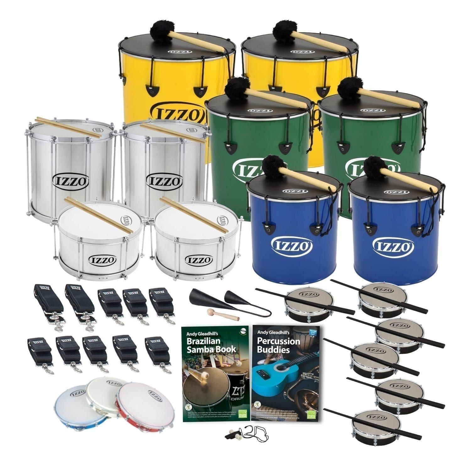 This is a product image of the Brazilian Samba - Primary - 20 Player Class Pack - Buddies. The products are laid out and include the following; Back Row - Two Nesting Surdo - 16in diameter, aluminium, Izzo (Yellow). Second Row - Repinique - 12in diameter, aluminium, Izzo (Silver), two Nesting Surdo - 14in diameter, aluminium, Izzo (Green). Third Row - Two Caixa - 12in diameter, aluminium, Izzo (Silver), two Nesting Surdo - 12in diameter, aluminium, Izzo (Blue). Fourth Row - Four straps for the Repiniques and Caixas, six straps for the Surdos, one Agogo Bells - Medium. Bottom Row - Three Pandeiro - 10in diameter, Izzo, Andy Gleadhill's Brazilian Samba Book, Andy Gleadhill's Percussion Buddies Book, one Tritone Samba Whistle (Apito), six Tamborim - Izzo. All of the drums have a suitable beater or stick lying on top of their skin.