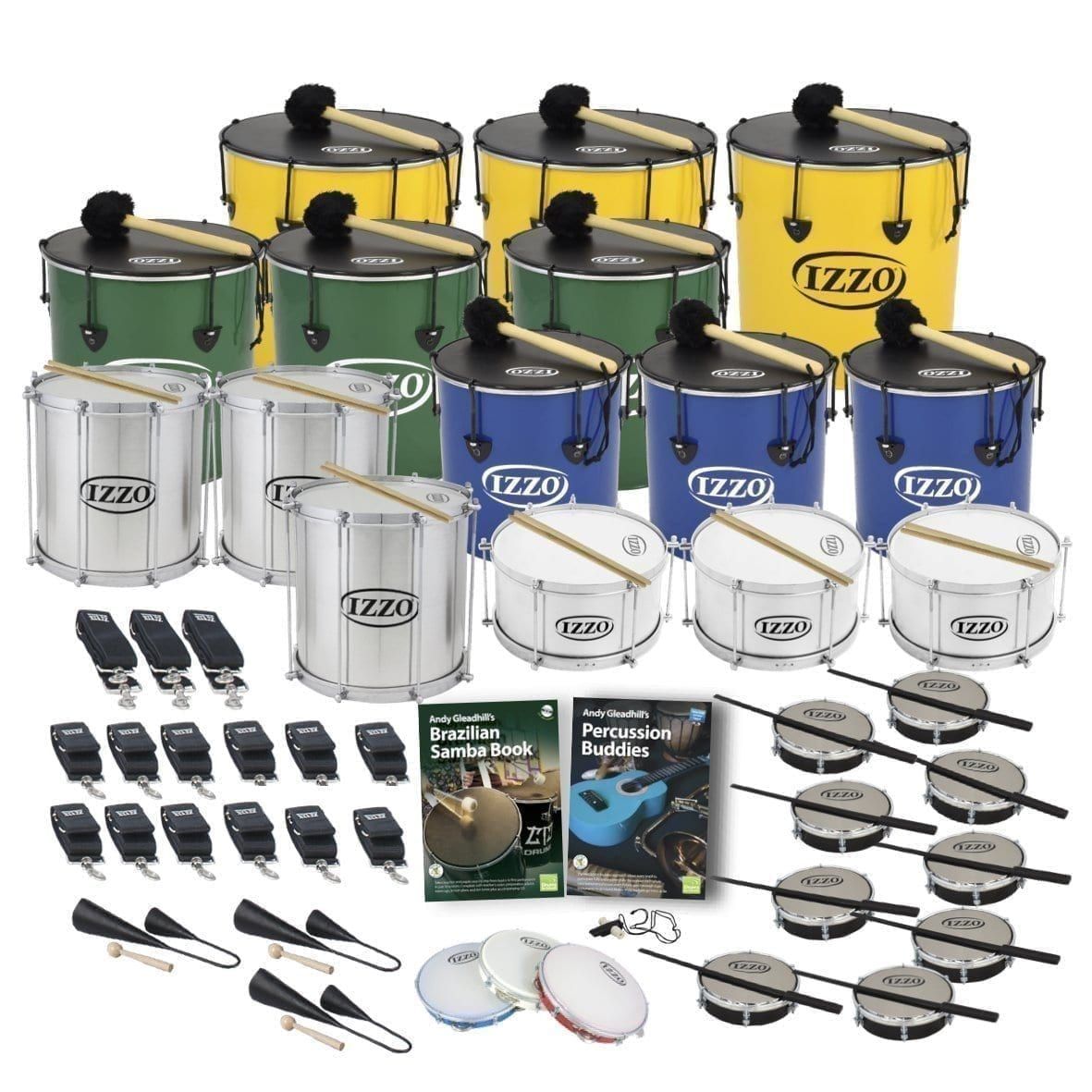 This is a product image of the Brazilian Samba - Primary - 30 Player Class Pack - Buddies. The products are laid out and include the following; Back Row - Three Nesting Surdo - 12in diameter, aluminium, Izzo (Yellow). Second Row - Nesting Surdo - 14in diameter, aluminium, Izzo (Green). Third Row - Three Repinique - 12in diameter, aluminium, Izzo (Silver), three Nesting Surdo - 12in diameter, aluminium, Izzo (Blue). Fourth Row - Three Caixa - 12in diameter, aluminium, Izzo (Silver). Fifth Row - Six straps for the Repiniques and Caixas, nine straps for the Surdos, Andy Gleadhill's Brazilian Samba Book, Andy Gleadhill's Percussion Buddies Book, nine Tamborim - Izzo. Bottom Row - Three Agogo Bells - Medium, three Pandeiro - 10in diameter, Izzo, one Tritone Samba Whistle (Apito). All of the drums have a suitable beater or stick lying on top of their skin.