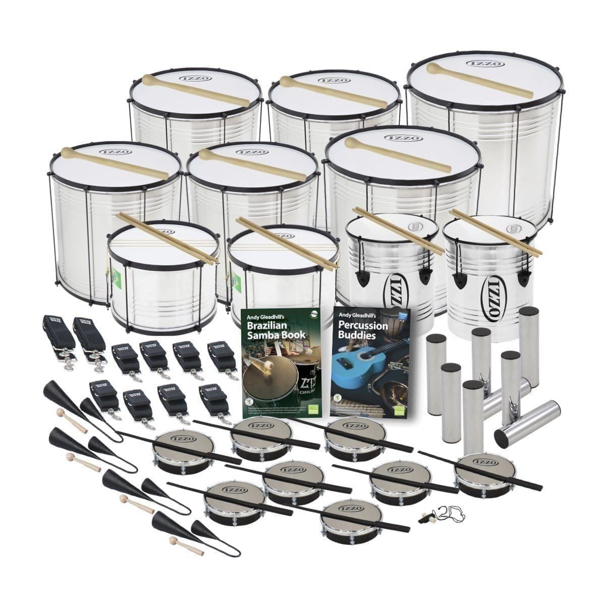 Izzo Primary Samba 30 Player Economy Pack with aluminium surdos, repiniques, caixa, tamborims, shakers and guide books