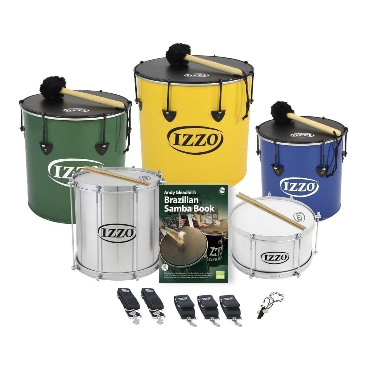 This is a product image of the Brazilian Samba - Primary - 5 Big Drums Pack. The products are laid out and include the following; Back Row - One Nesting Surdo - 14in diameter, aluminium, Izzo (Green), One Nesting Surdo - 16in diameter, aluminium, Izzo (Yellow), One Nesting Surdo - 12in diameter, aluminium, Izzo (Blue). Second Row - One Repinique - 12in diameter, aluminium, Izzo (Silver), Andy Gleadhill's Brazilian Drumming Book, one Caixa - 12in diameter, aluminium, Izzo (Silver). Front Row - Two straps for the Repinique and Caixa, three straps for the Surdos, one Tritone Samba Whistle (Apito). All of the drums have a suitable beater or stick lying on top of their skin.