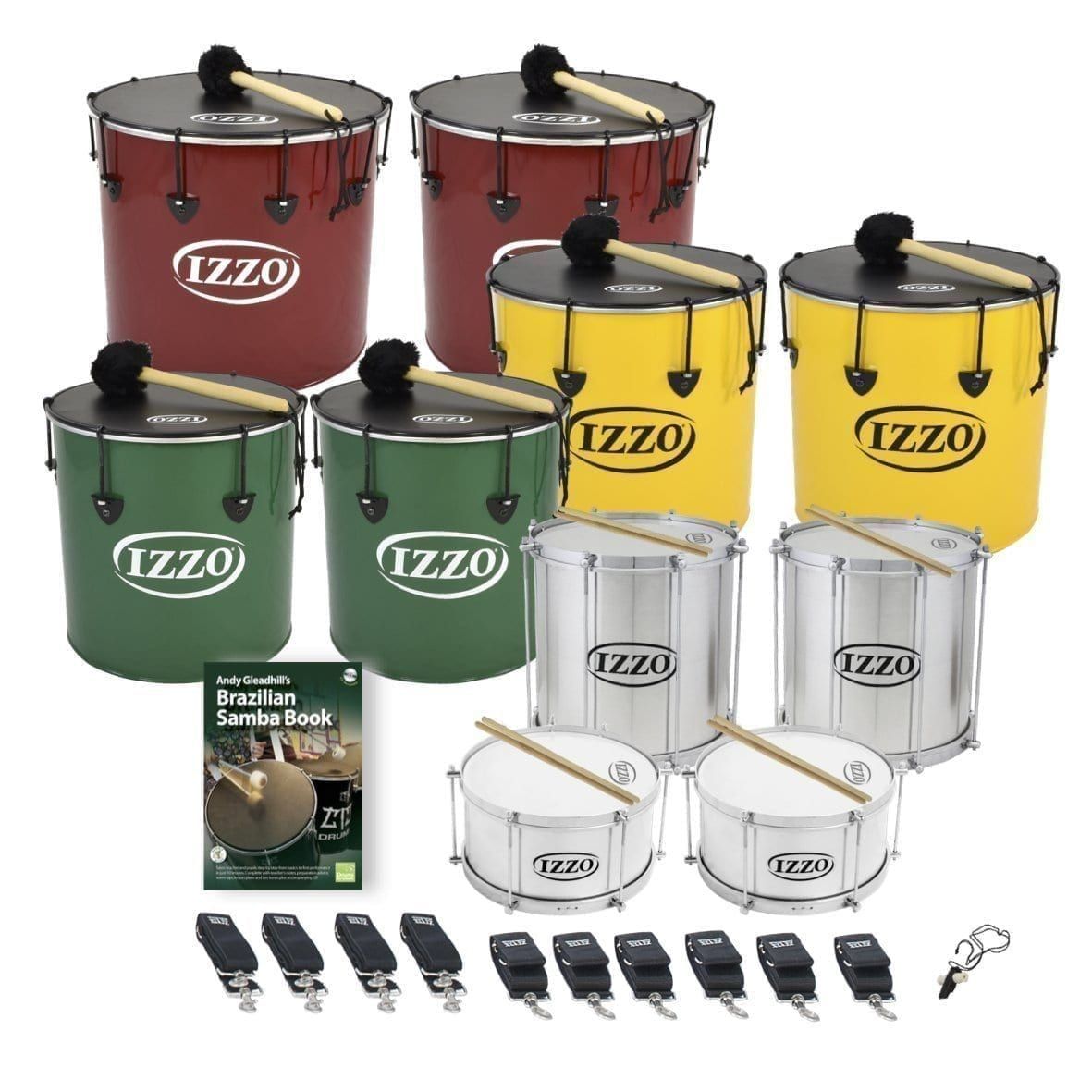 This is a product image of the Brazilian Samba - Secondary - 10 Big Drums Pack. The products are laid out and include the following; Back Row - Two Nesting Surdo - 18in diameter, aluminium, Izzo (Red). Second Row - Two Nesting Surdo - 16in diameter, aluminium, Izzo (Yellow). Third Row - Two Nesting Surdo - 14in diameter, aluminium, Izzo (Green). Fourth Row - Two Repinique - 12in diameter, aluminium, Izzo (Silver). Fifth Row - Andy Gleadhill's Brazilian Samba Book, two Caixa - 12in diameter, aluminium, Izzo (Silver). Bottom Row - Four straps for the Repiniques and Caixas, six straps for the Surdos, one Tritone Samba Whistle (Apito). All of the drums have a suitable beater or stick lying on top of their skin.