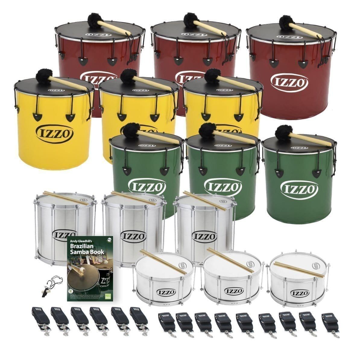 Secondary Brazilian Samba 15 Big Drums Set – 9 surdos, 3 repiniques, 3 caixas, with beaters, sticks, slings and Andy Gleadhill’s Samba Book.