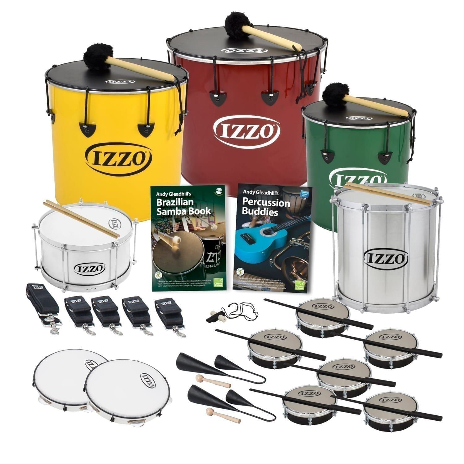This is a product image of the Brazilian Samba - Secondary - 15 Player Class Pack - Budget Buddies. The products are laid out and include the following; Back Row - One Nesting Surdo - 16in diameter, aluminium, Izzo (Yellow), one Nesting Surdo - 18in diameter, aluminium, Izzo (Red), one Nesting Surdo - 14in diameter, aluminium, Izzo (Green). Second Row - One Caixa - 12in diameter, aluminium, Izzo (Silver), Andy Gleadhill's Brazilian Samba Book, Andy Gleadhill's Percussion Buddies Book, one Repinique - 12in diameter, aluminium, Izzo (Silver). Third Row - Two straps for the Caixa and Repinique, three straps for the Surdos, one Tritone Samba Whistle (Apito), six Tamborim - Izzo. Bottom Row - Two Pandeiro - 10in diameter, Izzo, two Agogo Bells - Medium. All of the drums have a suitable beater or stick lying on top of their skin.