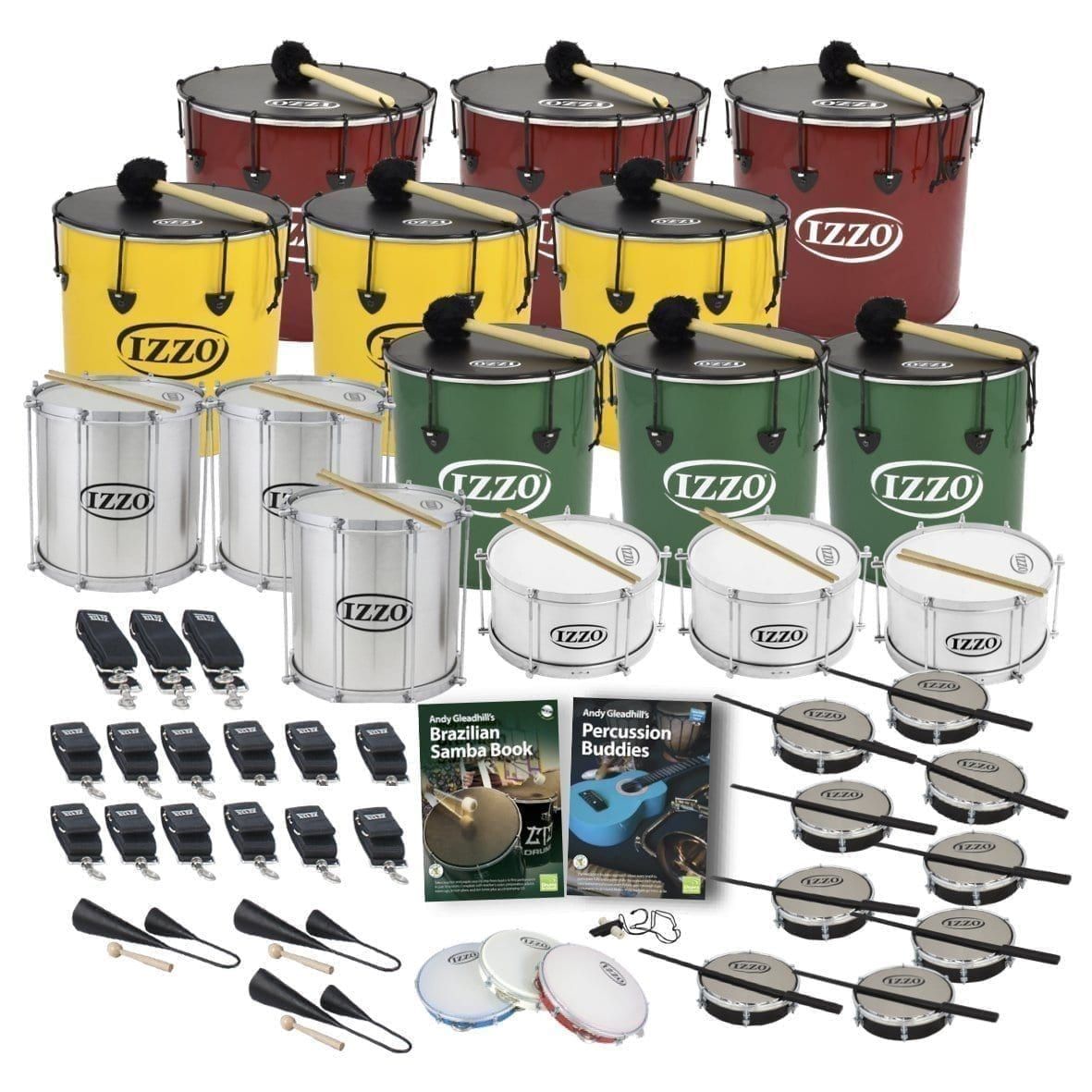 This is a product image of the Brazilian Samba - Secondary - 30 Player Class Pack - Buddies. The products are laid out and include the following; Back Row - Three Nesting Surdo - 18in diameter, aluminium, Izzo (Red). Second Row - Three Nesting Surdo - 16in diameter, aluminium, Izzo (Yellow). Third Row - Three Repinique - 12in diameter, aluminium, Izzo (Silver), three Nesting Surdo - 14in diameter, aluminium, Izzo (Green). Fourth Row - Three Caixa - 12in diameter, aluminium, Izzo (Silver). Fifth Row - Three straps for the Caixas, twelve straps for the Repiniques and Surdos, Andy Gleadhill's Brazilian Samba Book, Andy Gleadhill's Percussion Buddies Book, nine Tamborim - Izzo. Bottom Row - Three Agogo Bells - Medium, three Pandeiro - 10in diameter, Izzo, one Tritone Samba Whistle (Apito). All of the drums have a suitable beater or stick lying on top of their skin.