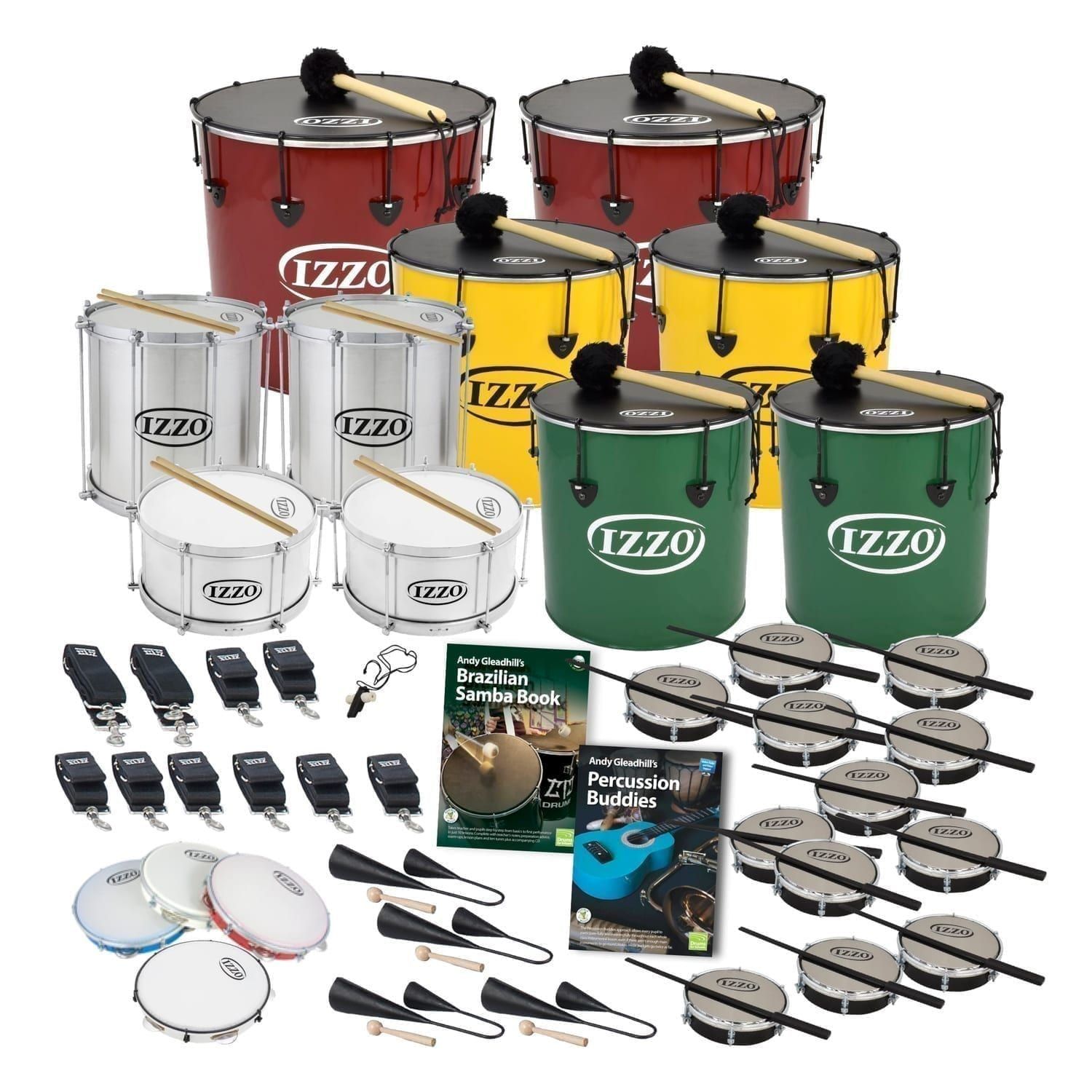 Budget Secondary Samba Pack for 30 Players with 6 colour surdos and multiple tamborims, plus guides by Andy Gleadhill