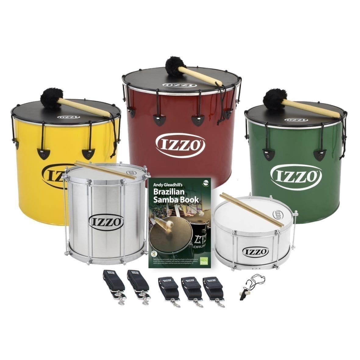 This is a product image of the Brazilian Samba - Secondary - 5 Big Drums Pack. The products are laid out and include the following; Back Row - One Nesting Surdo - 16in diameter, aluminium, Izzo (Yellow), one Nesting Surdo - 18in diameter, aluminium, Izzo (Red), one Nesting Surdo - 14in diameter, aluminium, Izzo (Green). Second Row - One Repinique - 12in diameter, aluminium, Izzo (Silver), Ady Gleadhill's Brazilian Samba Book, one Caixa - 12in diameter, aluminium, Izzo (Silver). Bottom Row - Two straps for the Repinique and Caixa, three straps for the Surdos, one Tritone Samba Whistle (Apito). All of the drums have a suitable beater or stick lying on top of their skin.