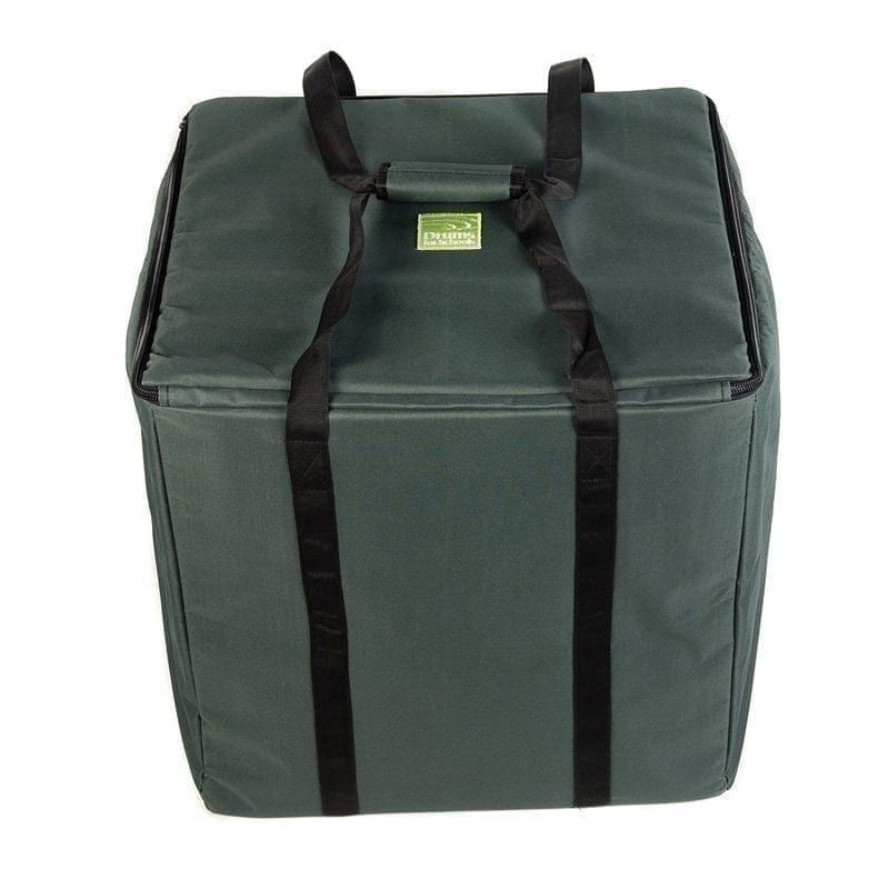 This heavy-duty green canvas Djembe drum bag is designed to safely carry 5x40cm Djembe drums, featuring reinforced handles and a secure closure.