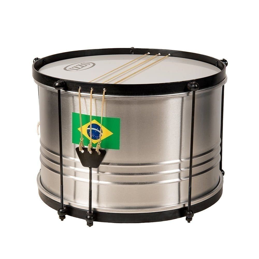 This is a product image of the Caixa - Economy - 12in diameter, Izzo. It is silver with black trimmings and three taut snares across the top skin.