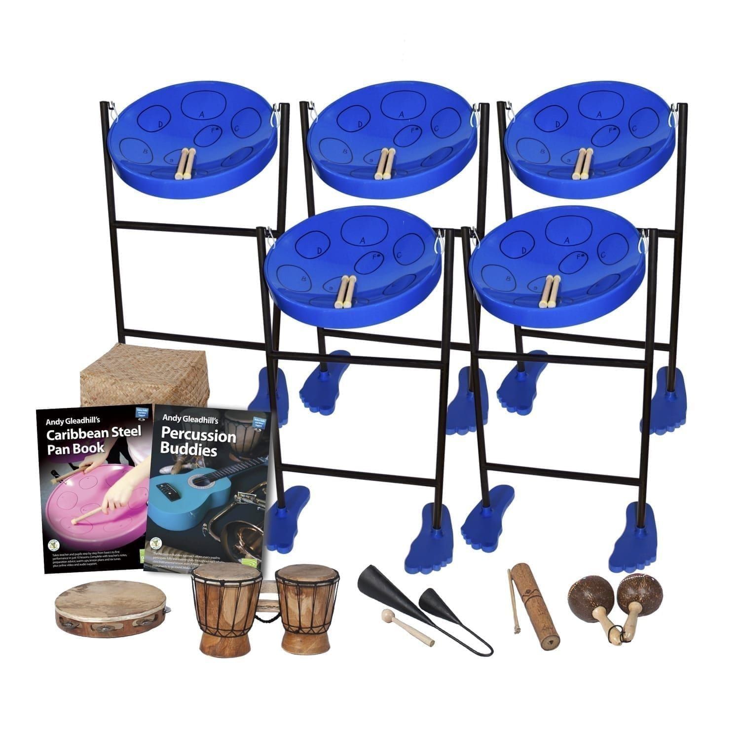 This is a product image of the Caribbean Steel Pan - 10 Player Jumbie Class Pack - Buddies. The products are laid out and include the following; Back Row - Five Jumbie Jam Steel Pan - Floor Standing (Blue). Middle Row - Storage Basket, Andy Gleadhill's Caribbean Steel Pan Book, Andy Gleadhill's Percussion Buddies Book. Front Row - One Tambourine, one Bongos (African Bongos), one Agogo Bells - Medium, one Guiro - Small - bamboo, one Maraca - Coconut, pair. The Steel Pans each have a pair of beaters resting on them.