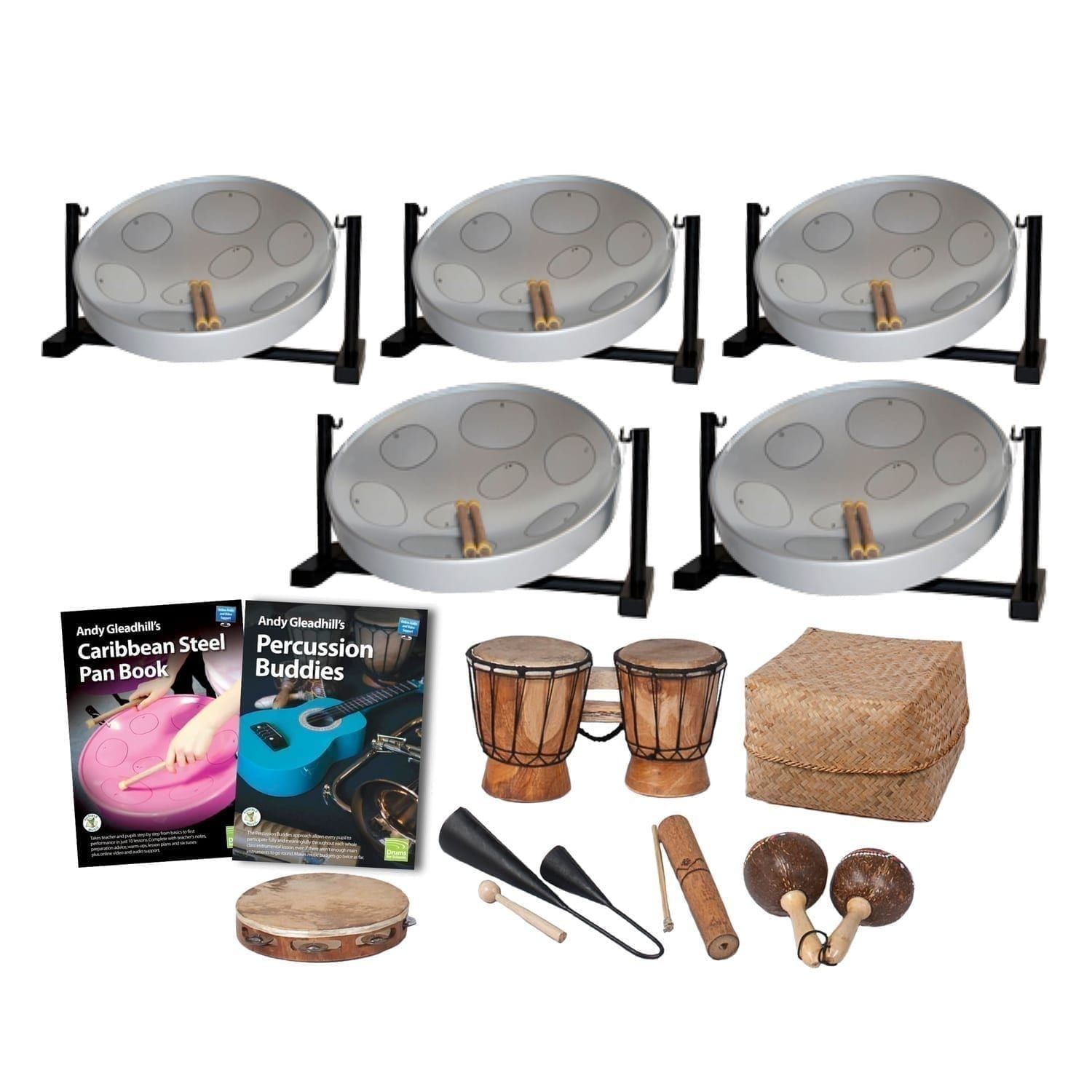 This is a product image of the Caribbean Steel Pan - 10 Player Jumbie Desktop Class Pack - Buddies. The products are laid out and include the following; Back Row - Five Jumbie Jam Steel Pan - Desktop (Grey). Middle Row - Andy Gleadhill's Caribbean Steel Pan Book, Andy Gleadhill's Percussion Buddies Book, one Bongos (African Bongos), Storage Basket. Front Row - One Tambourine, one Agogo Bells - Medium, one Guiro - Small - bamboo, one Maraca - Coconut, pair. The Steel Pans each have a pair of beaters resting on them.