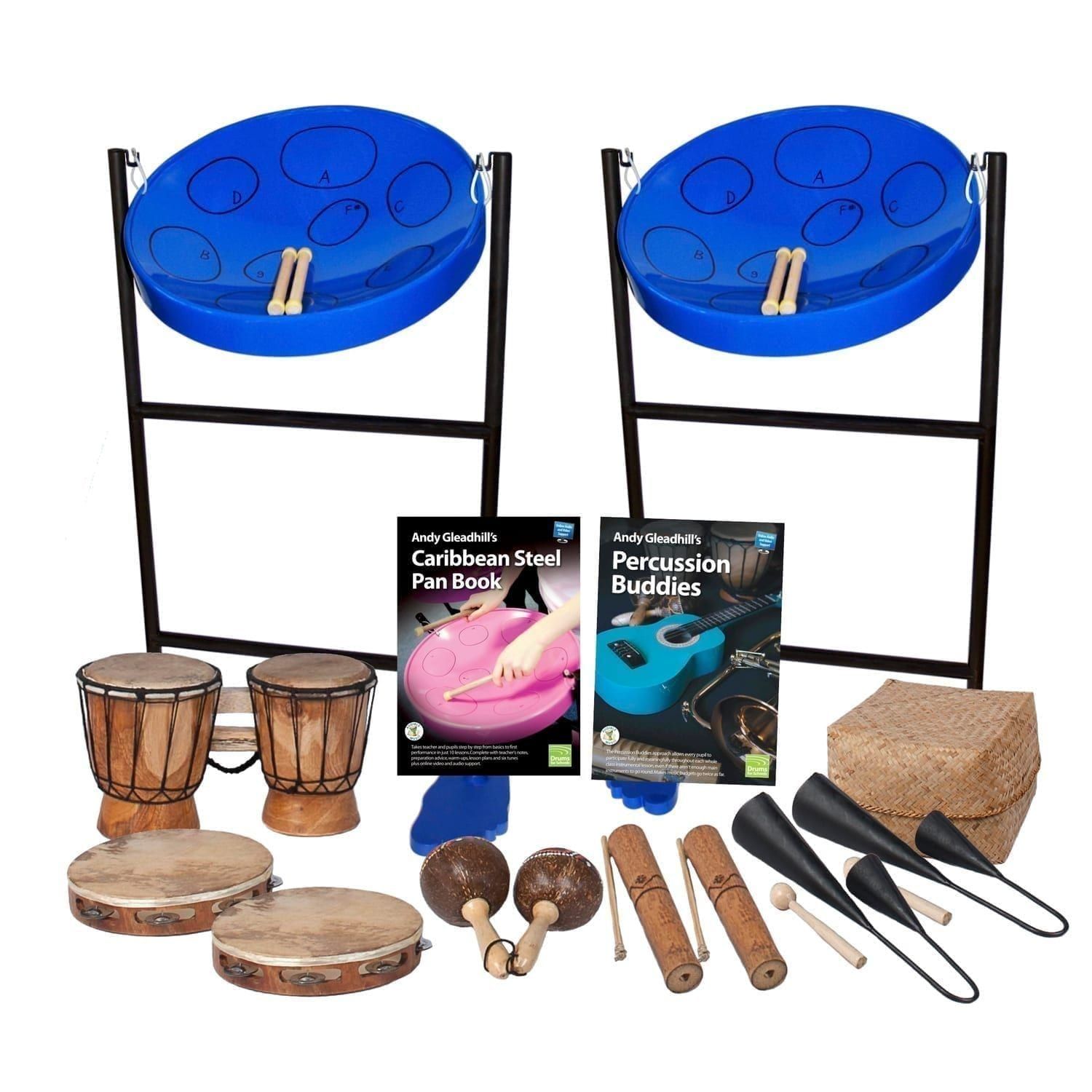 This is a product image of the Caribbean Steel Pan - 10 Player Jumbie Starter Pack. The products are laid out and include the following; Back Row - Jumbie Jam Steel Pan - Floor Standing (Blue). Second Row - One Bongos (African Bongos), Andy Gleadhill's Caribbean Steel Pan Book, Andy Gleadhill's Percussion Buddies Book, Storage Basket. Bottom Row - Two Tambourine, one Maraca - Coconut, pair, two Guiro - Small - bamboo, two Agogo Bells - Medium. The Steel Pans each have a pair of beaters resting on them.