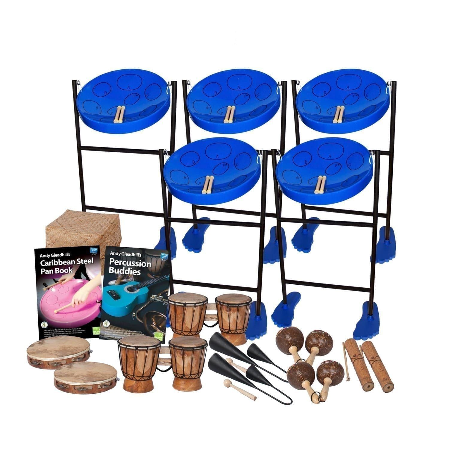 This is a product image of the Caribbean Steel Pan - 15 Player Jumbie Class Pack - Budget Buddies. The products are laid out and include the following; Back Row - Five Jumbie Jam Steel Pan - Floor Standing (Blue), Storage Basket. Second Row - Andy Gleadhill's Caribbean Steel Pan Book, Andy Gleadhill's Percussion Buddies Book. Bottom Row - Two Tambourine, two Bongos (African Bongos), two Agogo Bells - Medium, two Maraca - Coconut, pair, two Guiro - Small - bamboo. The Steel Pans each have a pair of beaters resting on them.