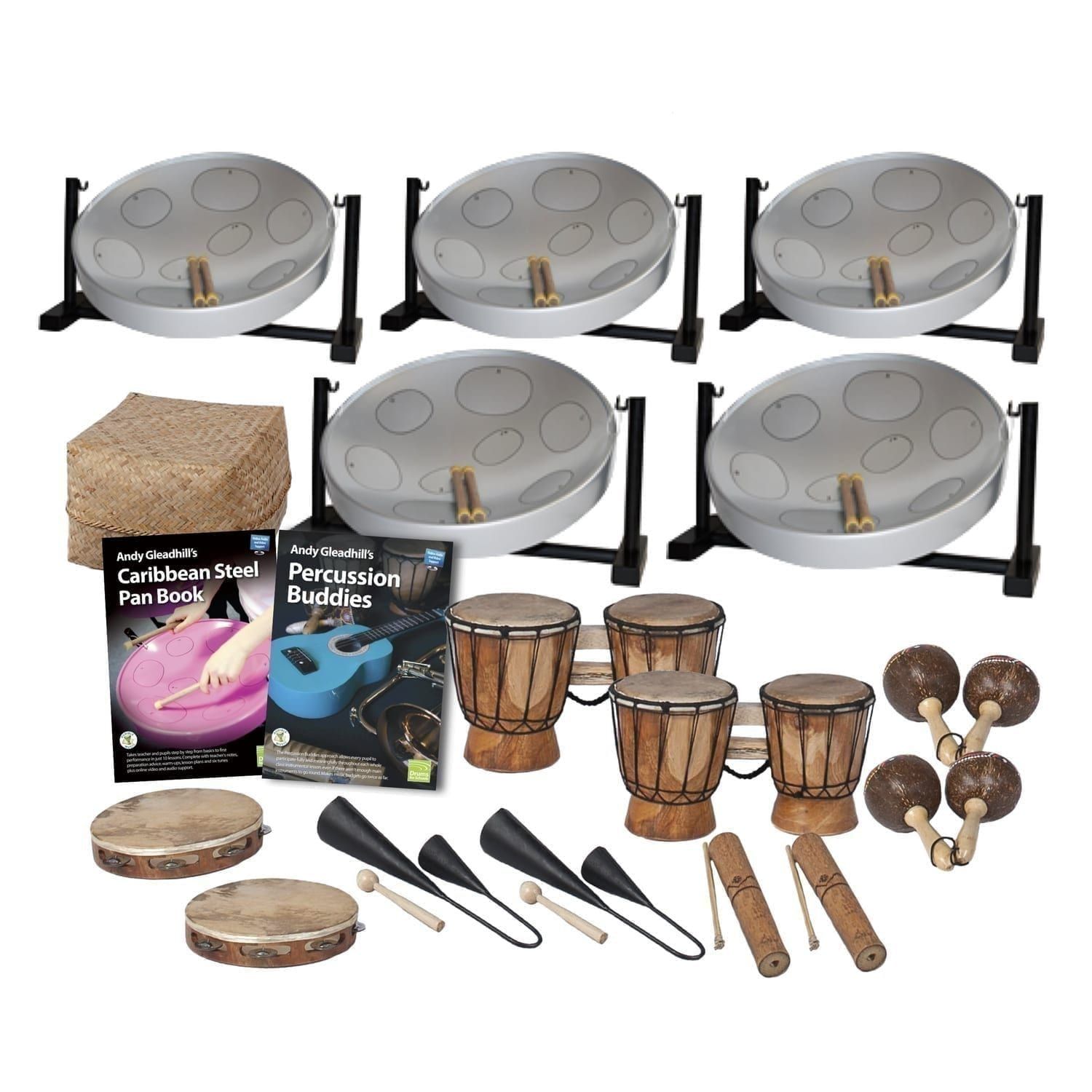 This is a product image of the Caribbean Steel Pan - 15 Player Jumbie Desktop Class Pack - Budget Buddies. The products are laid out and include the following; Back Row - Five Jumbie Jam Steel Pan - Desktop (Grey), Storage Basket. Second Row - Andy Gleadhill's Caribbean Steel Pan Book, Andy Gleadhill's Percussion Buddies Book, two Bongos (African Bongos), two Maraca - Coconut, pair. Bottom Row - Two Tambourine, two Agogo Bells - Medium, two Guiro - Small - bamboo. The Steel Pans each have a pair of beaters resting on them.
