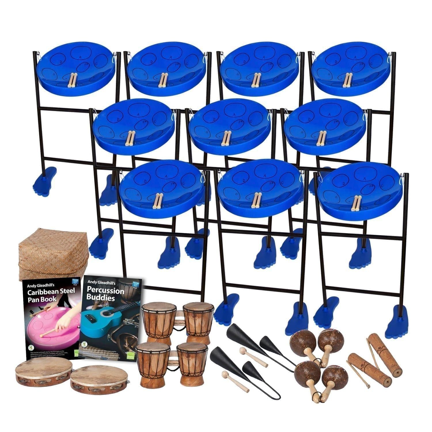 This is a product image of the Caribbean Steel Pan - 20 Player Jumbie Class Pack - Buddies. The products are laid out and include the following; Back Row - Ten Jumbie Jam Steel Pan - Floor Standing (Blue), Storage Basket. Second Row - Andy Gleadhill's Caribbean Steel Pan Book, Andy Gleadhill's Percussion Buddies Book. Bottom Row - Two Tambourine, two Bongos (African Bongos), two Agogo Bells - Medium, two Maraca - Coconut, pair, two Guiro - Medium - bamboo. The Steel Pans each have a pair of beaters resting on them.