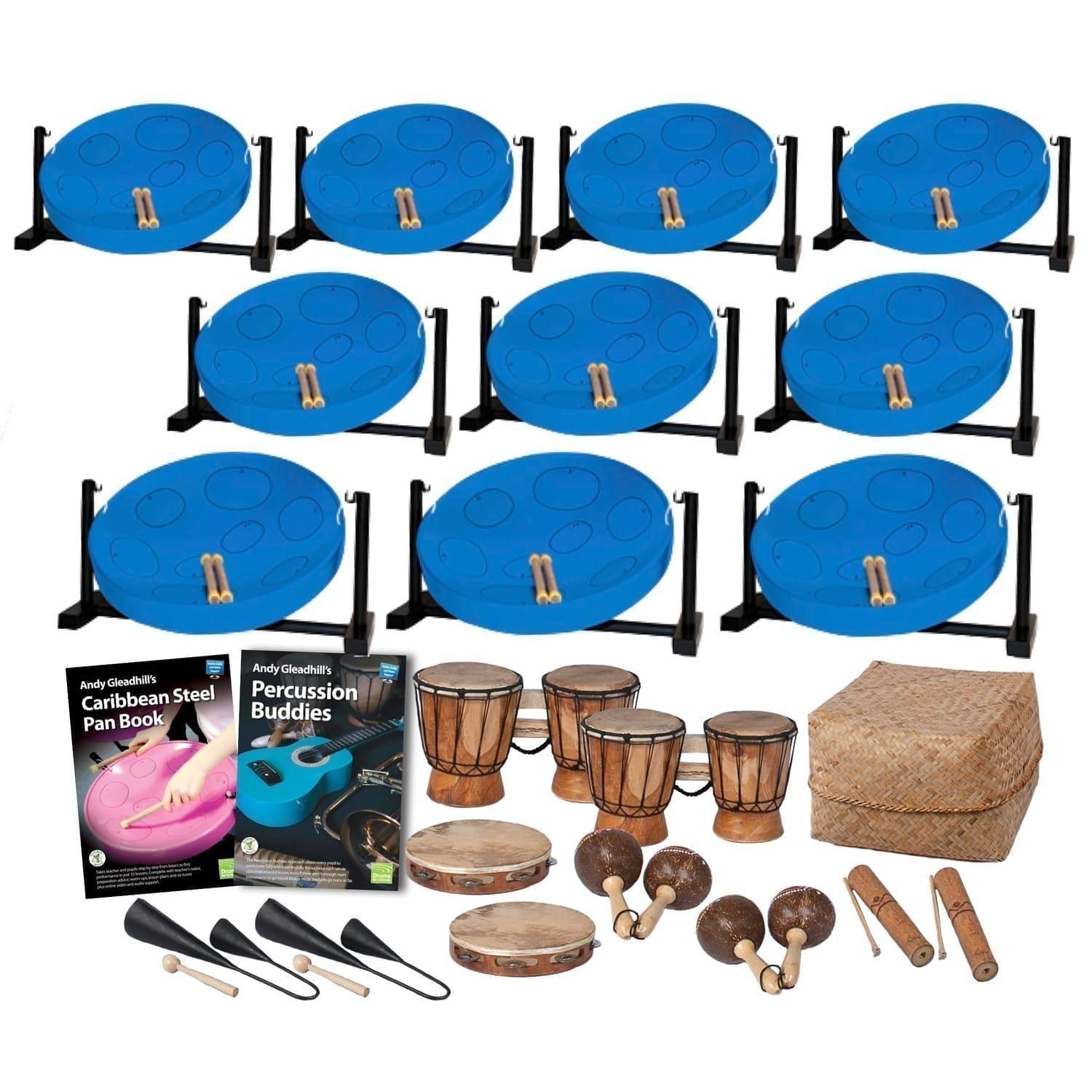 This is a product image of the Caribbean Steel Pan - 20 Player Jumbie Desktop Class Pack - Buddies. The products are laid out and include the following; Back Row - Ten Jumbie Jam Steel Pan - Desktop (Blue). Second Row - Andy Gleadhill's Carbibbean Steel Pan Book, Andy Gleadhill's Percussion Buddies Book, two Bongos (African Bongos), Storage Basket. Bottom Row - Two Agogo Bells - Medium, two Tambourine, two Maraca - Coconut, pair, two Guiro - Small - bamboo. The Steel Pans each have a pair of beaters resting on them.