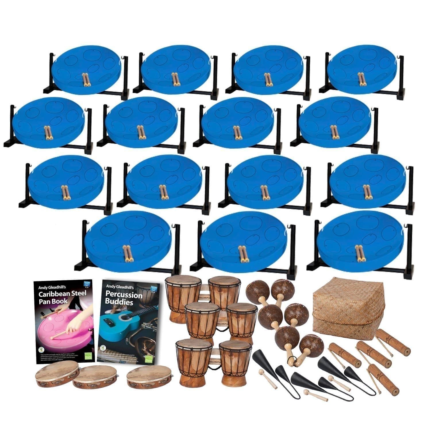 This is a product image of the Caribbean Steel Pan - 30 Player Jumbie Desktop Class Pack - Buddies. The products are laid out and include the following; Back Four Rows - fifteen Jumbie Jam Steel Pan - Desktop (Blue). Fifth Row - Andy Gleadhill's Caribbean Steel Pan Book, Andy Gleadhill's Percussion Buddies Book, three Bongos (African Bongos), three Maraca - Coconut, pair, Storage Basket. Bottom Row - Three Tambourine, three Agogo Bells - Medium, four Guiro - Small - bamboo. The Steel Pans each have a pair of beaters resting on them.