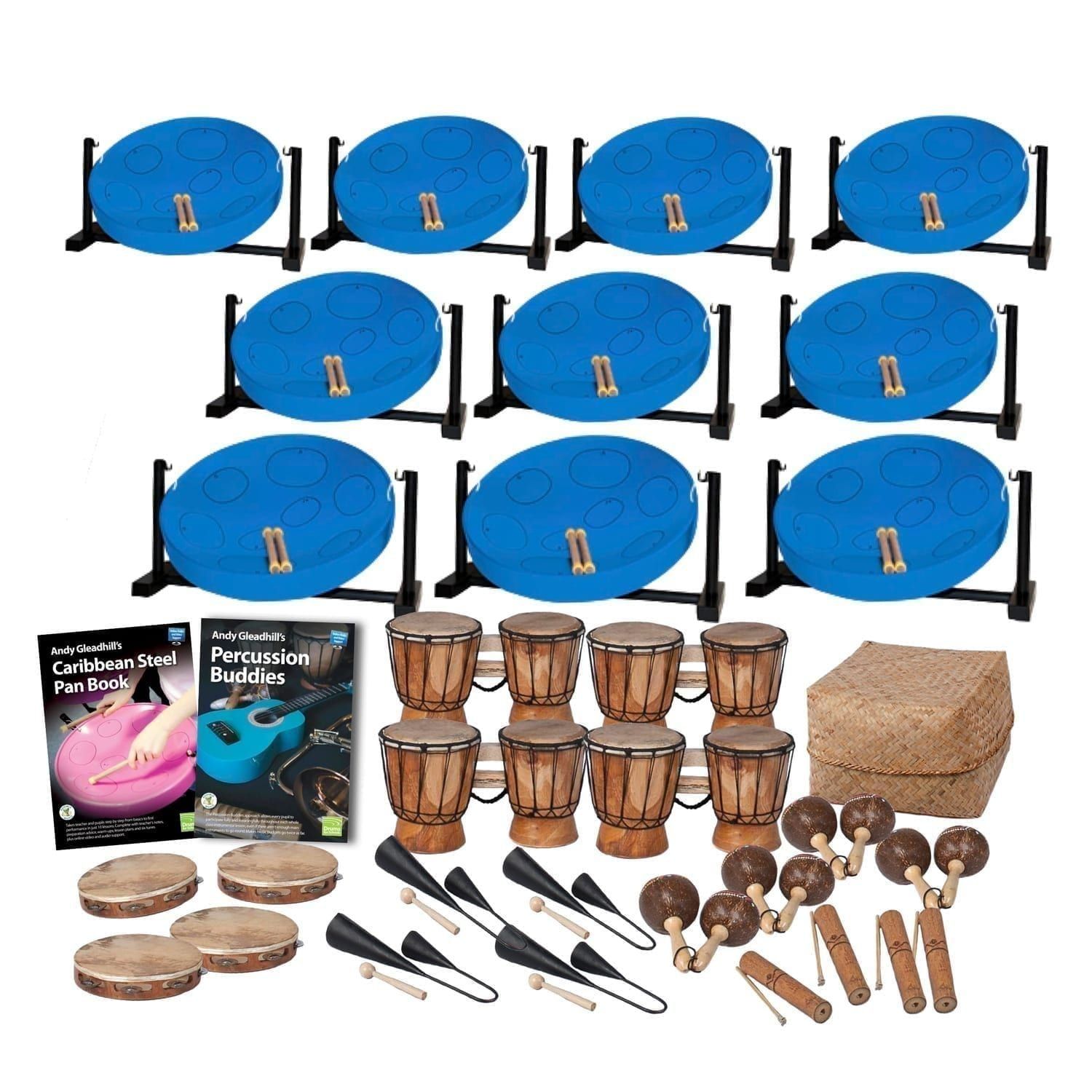 This is a product image of the Caribbean Steel Pan - 30 Player Jumbie Desktop Class Pack - Budget Buddies. The products are laid out and include the following; Back Three Rows - Ten Jumbie Jam Steel Pan - Desktop (Blue). Fourth Row - Andy Gleadhill's Caribbean Steel Pan Book, Andy Gleadhill's Percussion Buddies Book, four Bongos (African Bongos), Storage Basket. Front Row - Three Tambourine, four Agogo Bells - Medium, four Maraca - Coconut, pair, four Guiro - Small - bamboo. The Steel Pans each have a pair of beaters resting on them.