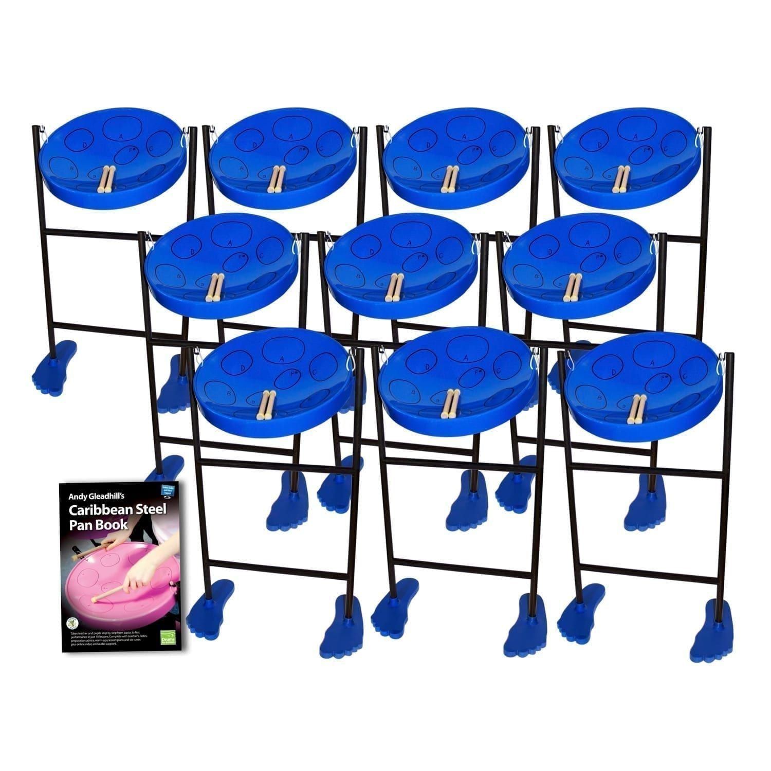 This is a product image of the Caribbean Steel Pan - Jumbie 10 Pack. The products are laid out and include the following; Ten Jumbie Jam Steel Pan - Floor Standing (Blue) and Andy Gleadhill's Caribbean Steel Pan Book. The Steel Pans each have a pair of beaters resting on them.