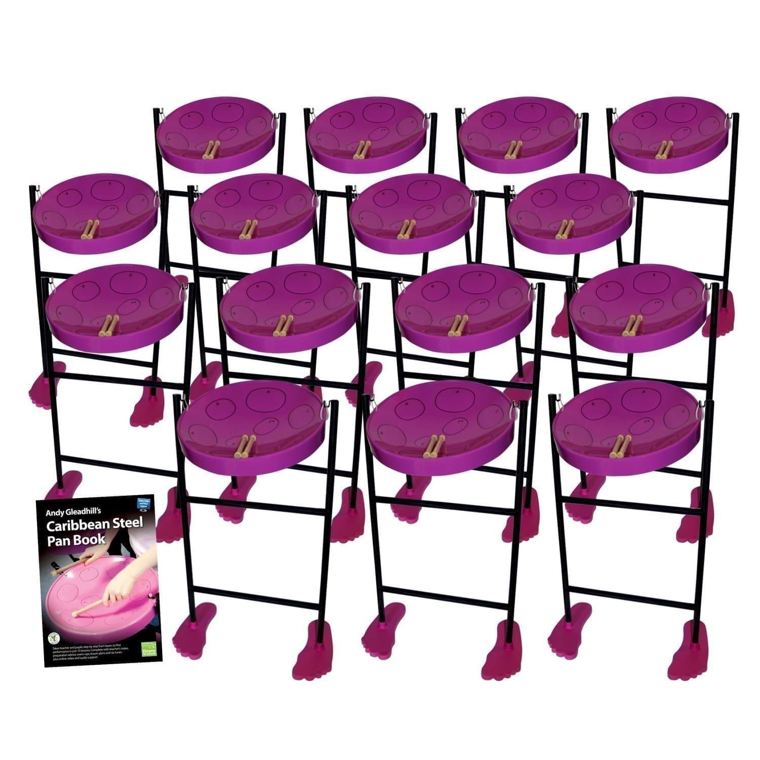 This is a product image of the Caribbean Steel Pan - Jumbie 15 Pack. The products are laid out and include the following; Fifteen Jumbie Jam Steel Pan - Floor Standing (Purple) and Andy Gleadhill's Caribbean Steel Pan Book. The Steel Pans each have a pair of beaters resting on them.