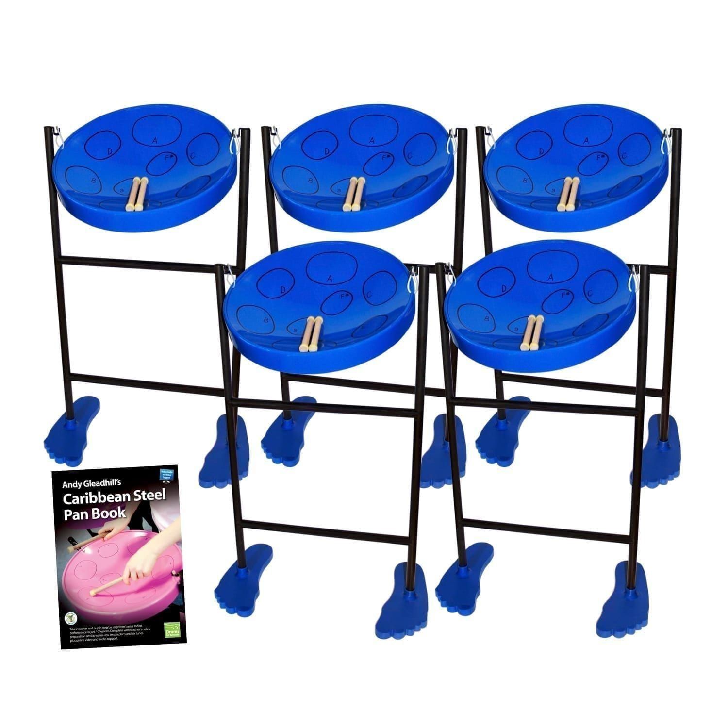This is a product image of the Caribbean Steel Pan - Jumbie 5 Pack. The products are laid out and include the following; Five Jumbie Jam Steel Pan - Floor Standing (Blue) and Andy Gleadhill's Caribbean Steel Pan Book. The Steel Pans each have a pair of beaters resting on them.