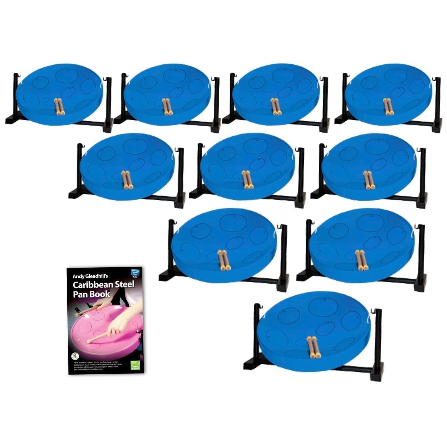This is a product image of the Caribbean Steel Pan - Jumbie Desktop 10 Pack. The products are laid out and include the following; Ten Jumbie Jam Steel Pan - Desktop (Blue) and Andy Gleadhill's Caribbean Steel Pan Book. The Steel Pans each have a pair of beaters resting on them.