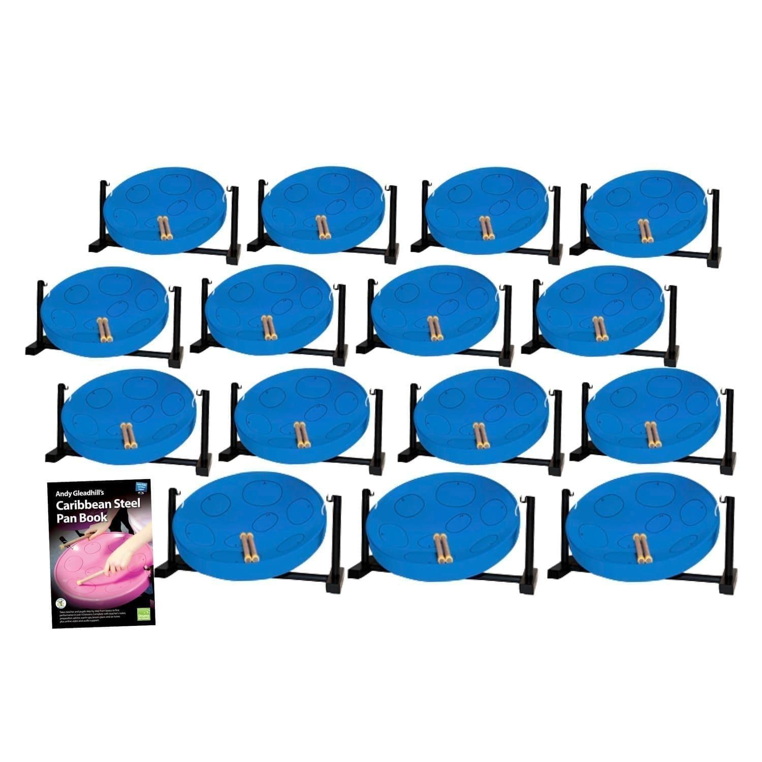 This is a product image of the Caribbean Steel Pan - Jumbie Desktop 15 Pack. The products are laid out and include the following; Fifteen Jumbie Jam Steel Pan - Desktop (Blue) and Andy Gleadhill's Caribbean Steel Pan Book. The Steel Pans each have a pair of beaters resting on them.