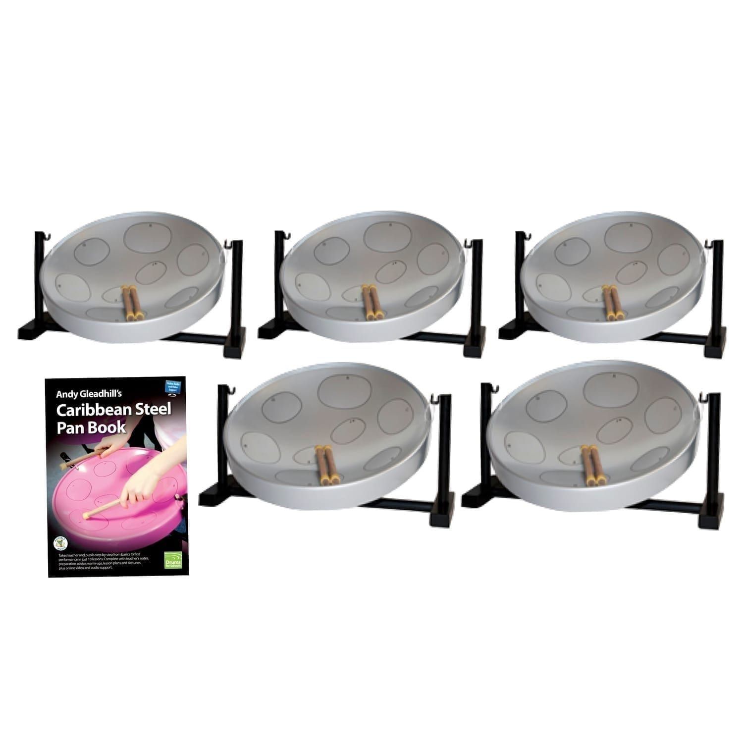 This is a product image of the Caribbean Steel Pan - Jumbie Desktop 5 Pack. The products are laid out and include the following; Five Jumbie Jam Steel Pan - Desktop (Grey) and Andy Gleadhill's Caribbean Steel Pan Book. The Steel Pans each have a pair of beaters resting on them.
