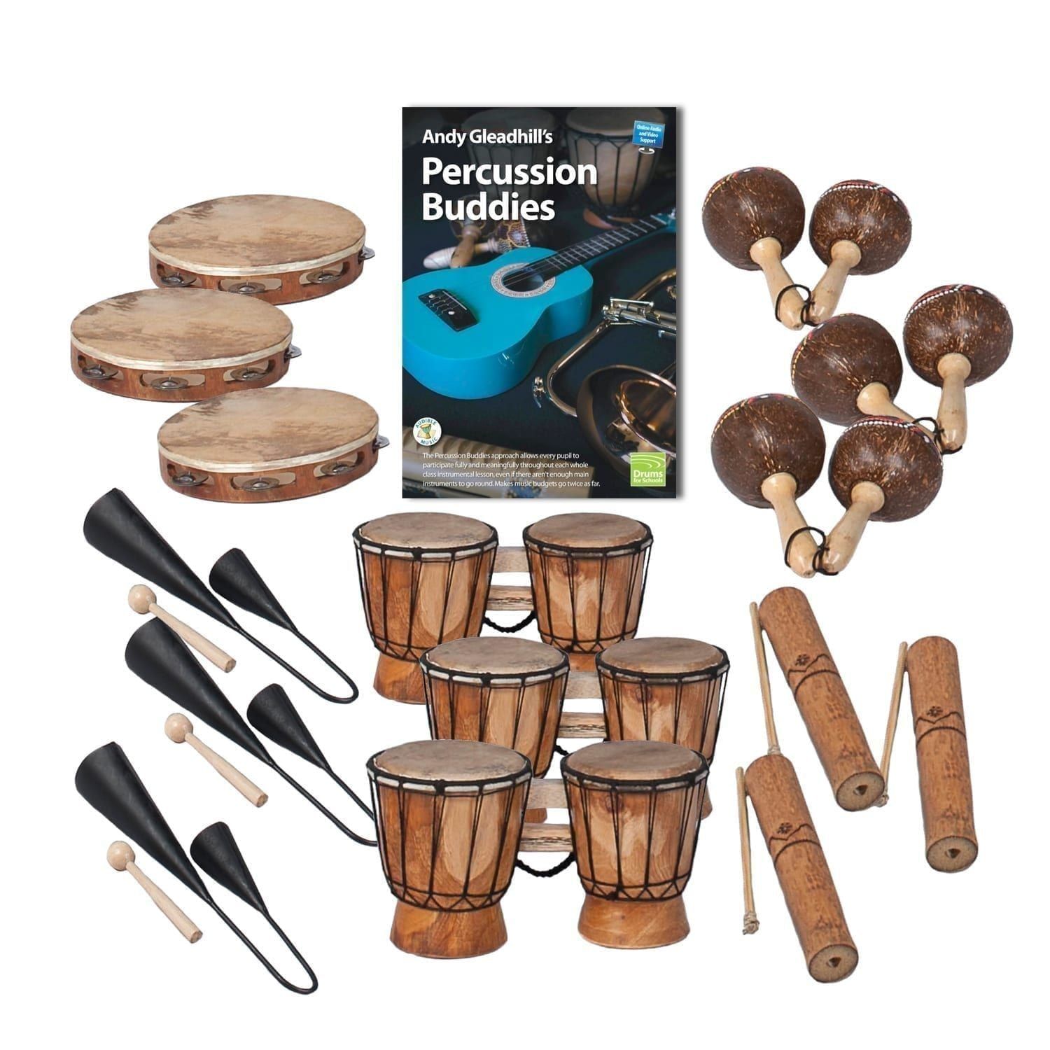 This is a product image of the Caribbean Steel Pan - Percussion Buddies - 15 Pack. The products are laid out and include the following; Top  Row - Three Tambourine, Andy Gleadhill's Percussion Buddies Book, three Maraca - Coconut, pair. Bottom Row - Three Agogo Bells - Medium, three Bongos (African Bongos), three Guiro - Small - bamboo.