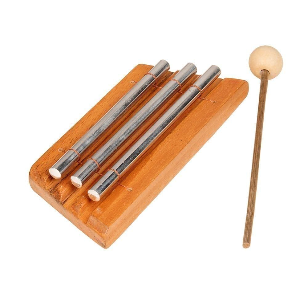 3 notes Chime Bar with three stainless bars on a wooden base and round-head beater