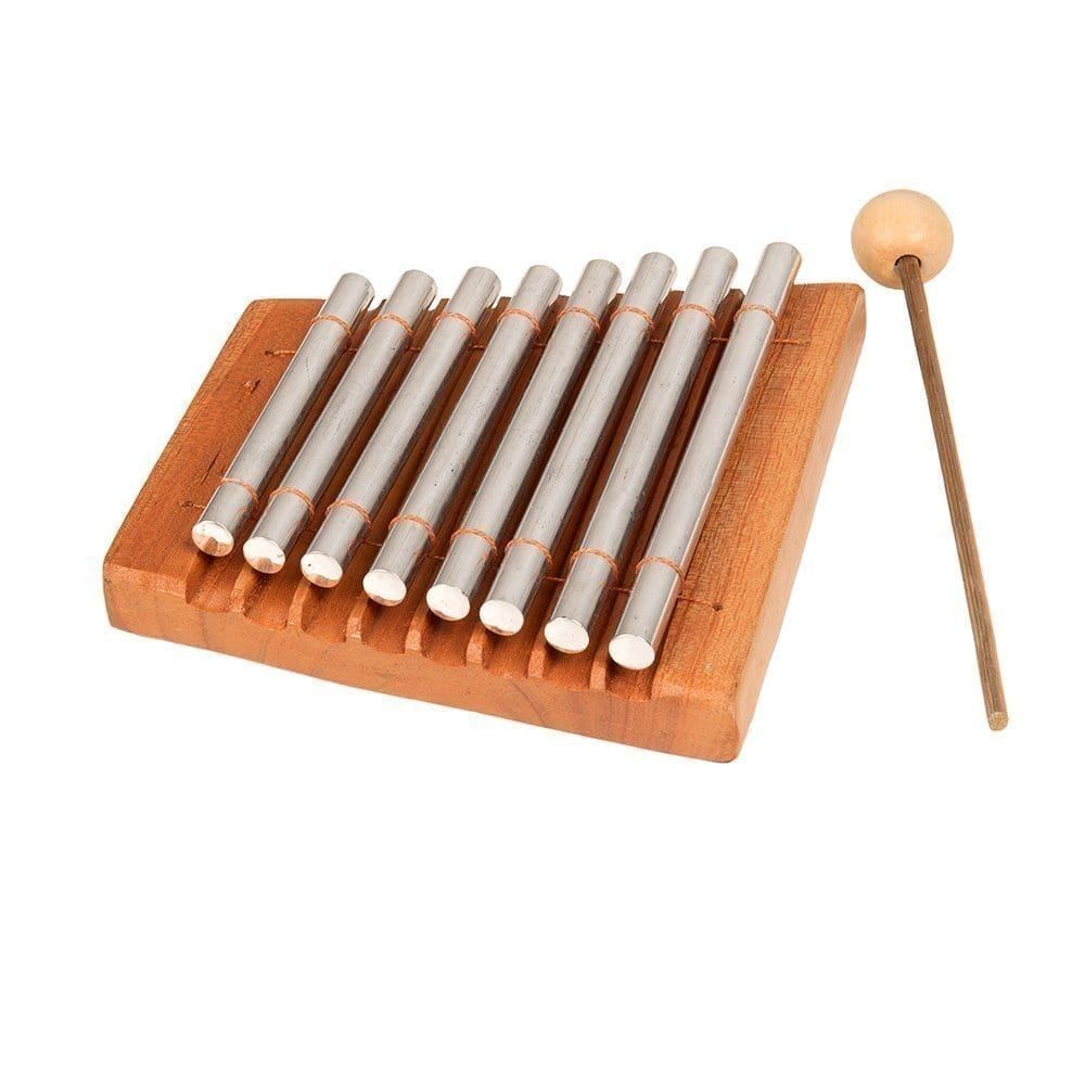 8 notes Chime Bar with stainless tubes on hardwood base, supplied with wooden beater