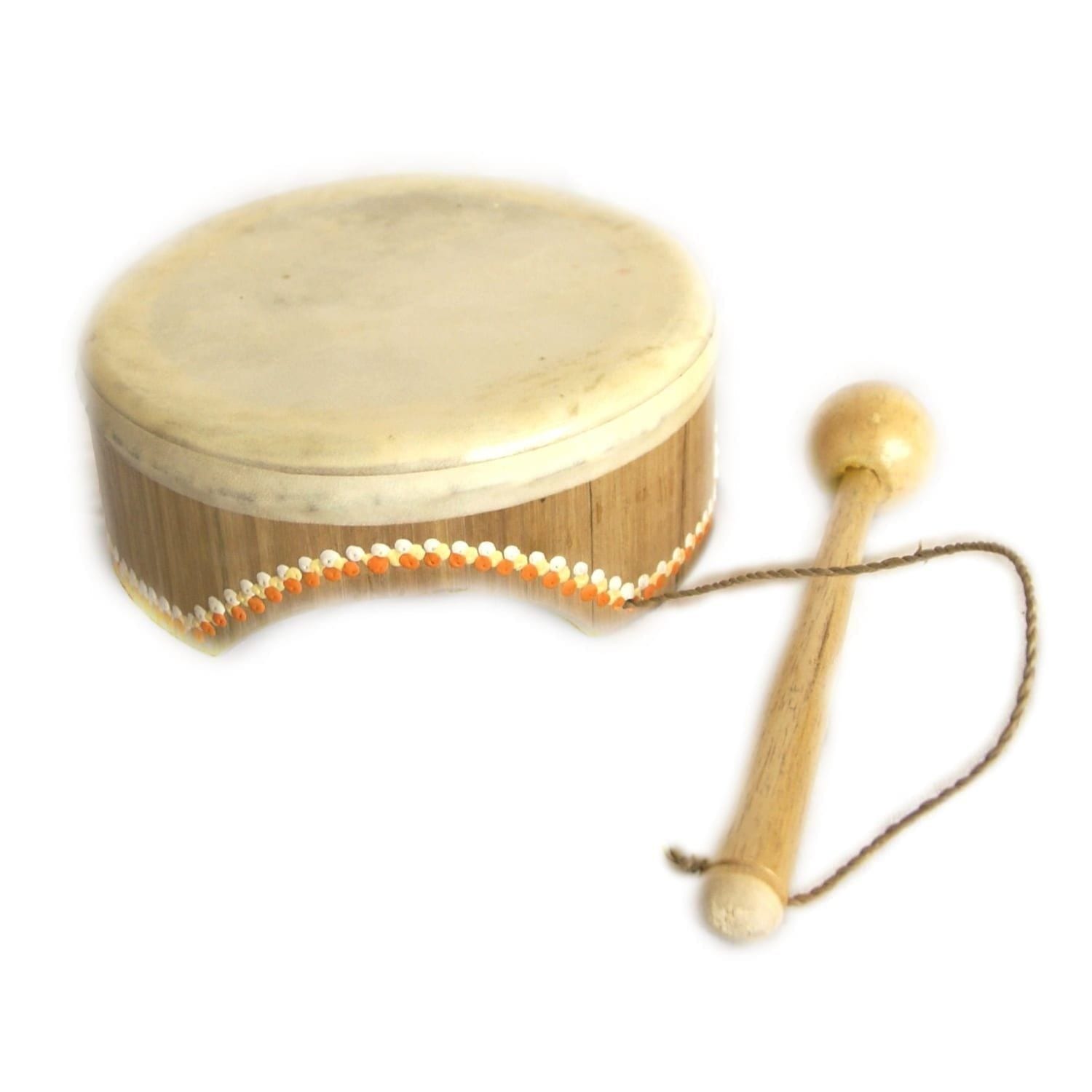 Baby Drum 4 inch, bamboo shell with goatskin head and wooden beater on cord