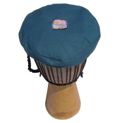 Djembe drum Hat 10 inch in blue canvas, snug cover over drum head with stitched rim and label at centre