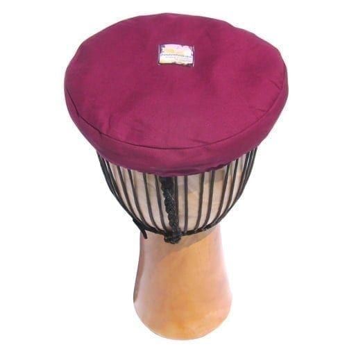 12 inch diameter drum hat in maroon canvas on a rope-tuned djembe, shown in use.