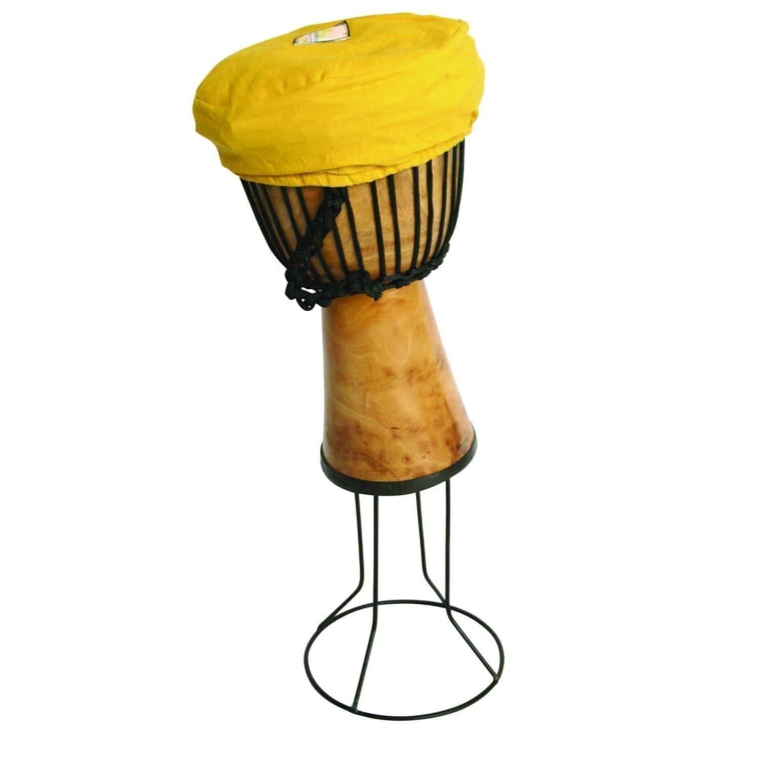 40cm high wooden djembe drum stand with wire-frame base; supports drum, yellow head cover