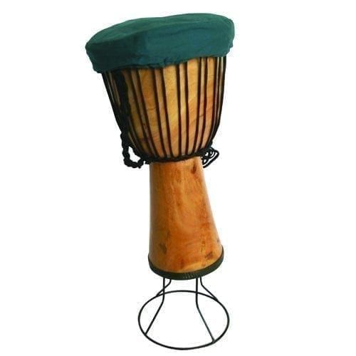 50cm Wooden Djembe Drum Stand holding a wood djembe on a metal wire frame, tilt-support design with green head cover