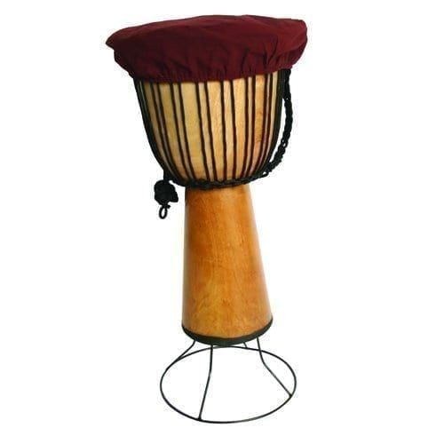 Drum Stand for 60cm Djembe with metal wire ring base raising a wooden rope-tuned drum, shown with maroon head cover
