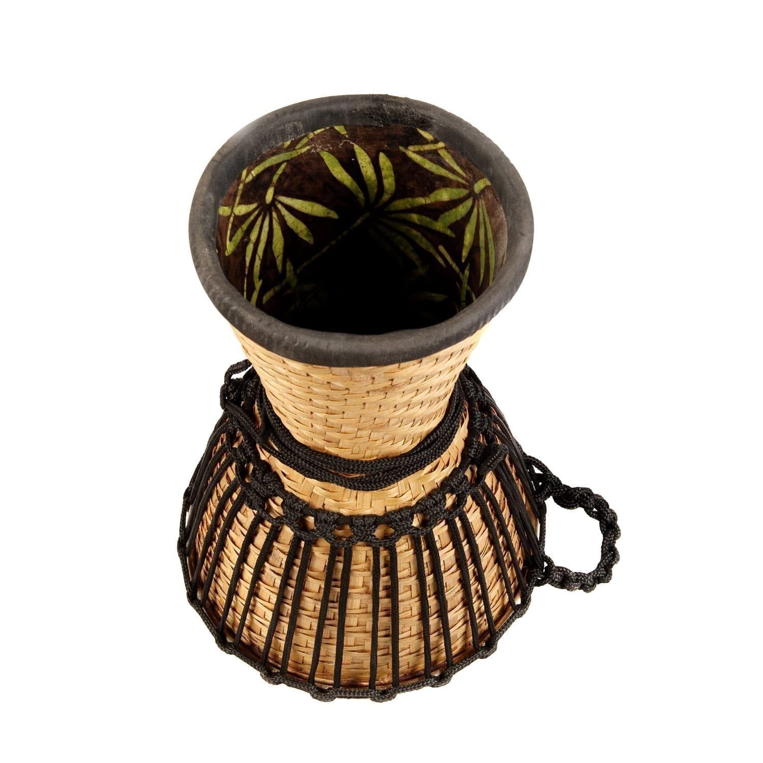 This Djembe drum is 10 inches in diameter and 40cm high. It features a hand-woven bamboo frame, black rope for tuning, and a decorative fabric lining the interior.
