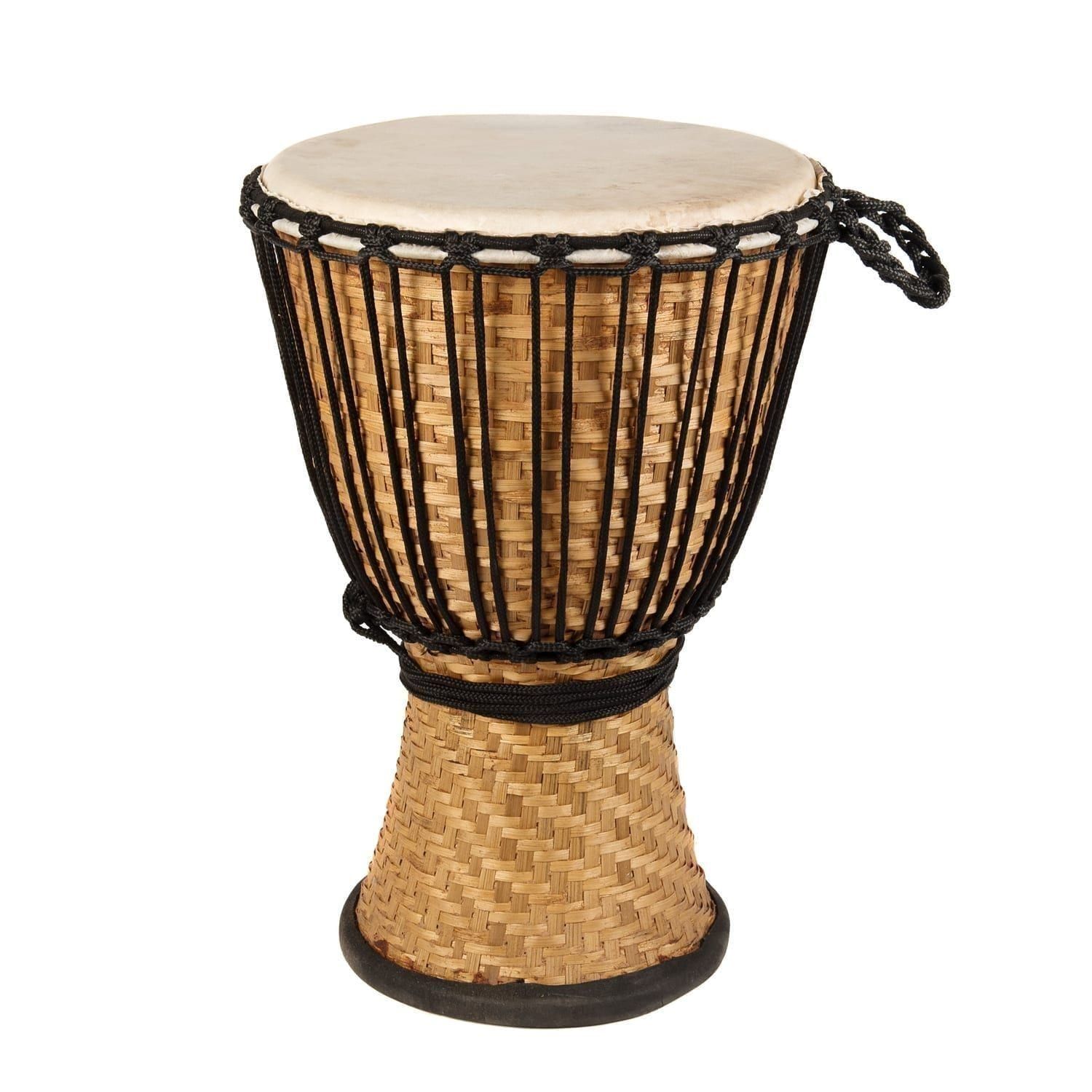 Front view of 13 inch bamboo djembe drum with woven bamboo shell and 12 inch head on 50cm base.
